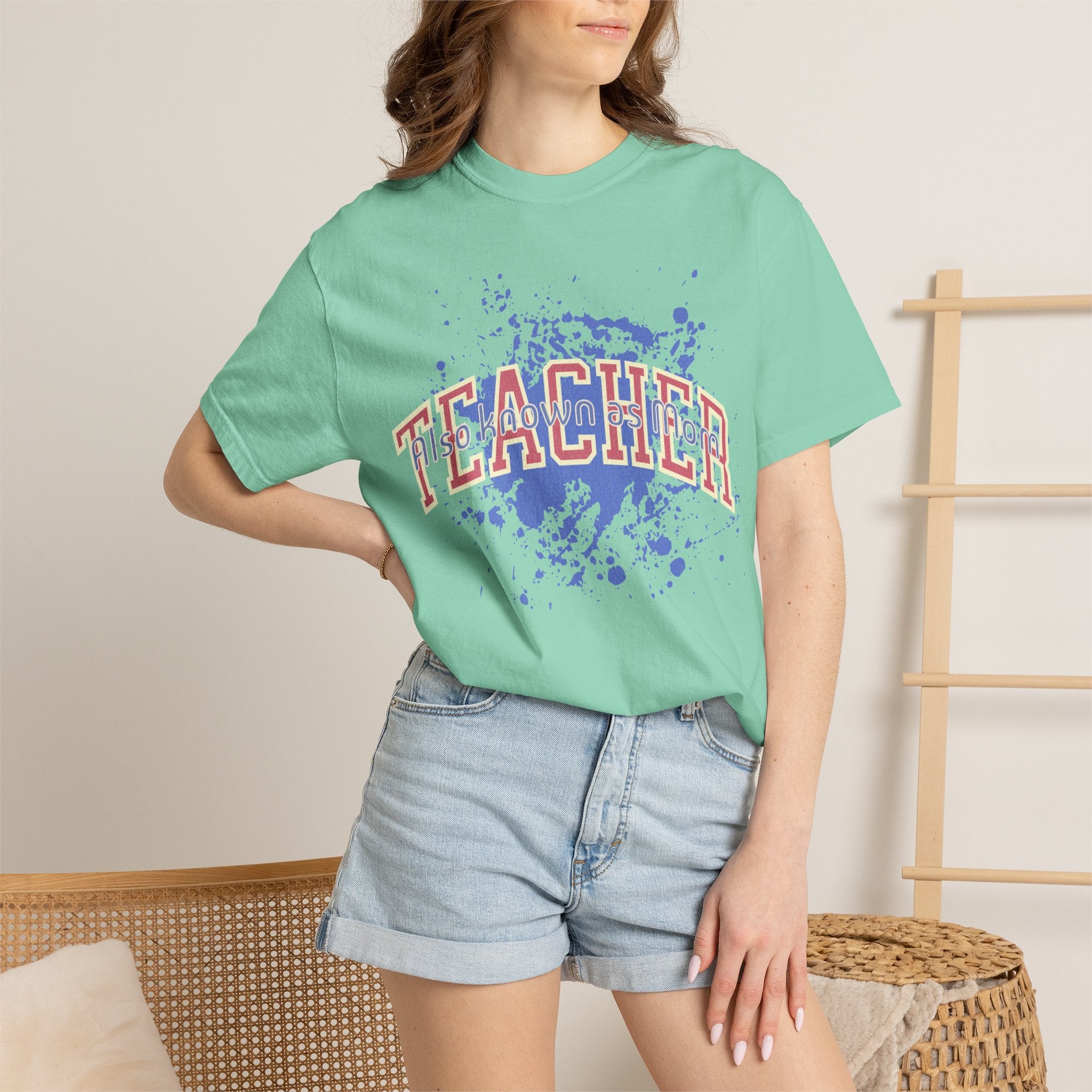 Teacher Also Known As Mom Textured T-Shirt — 'TEACHER' Collegiate Arc Design
