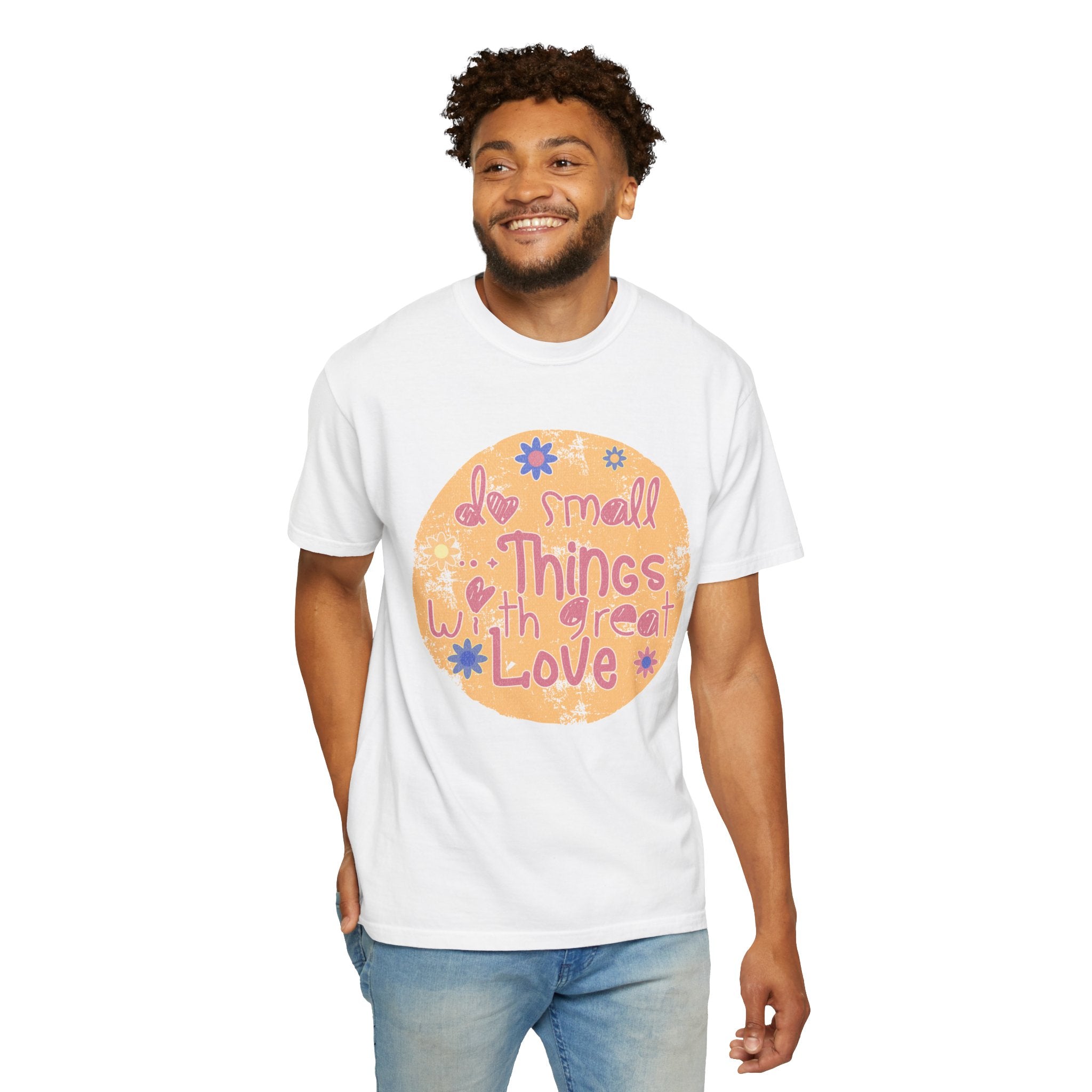 Textured Inspirational Tee — "Do Small Things With Great Love" Floral Graphic