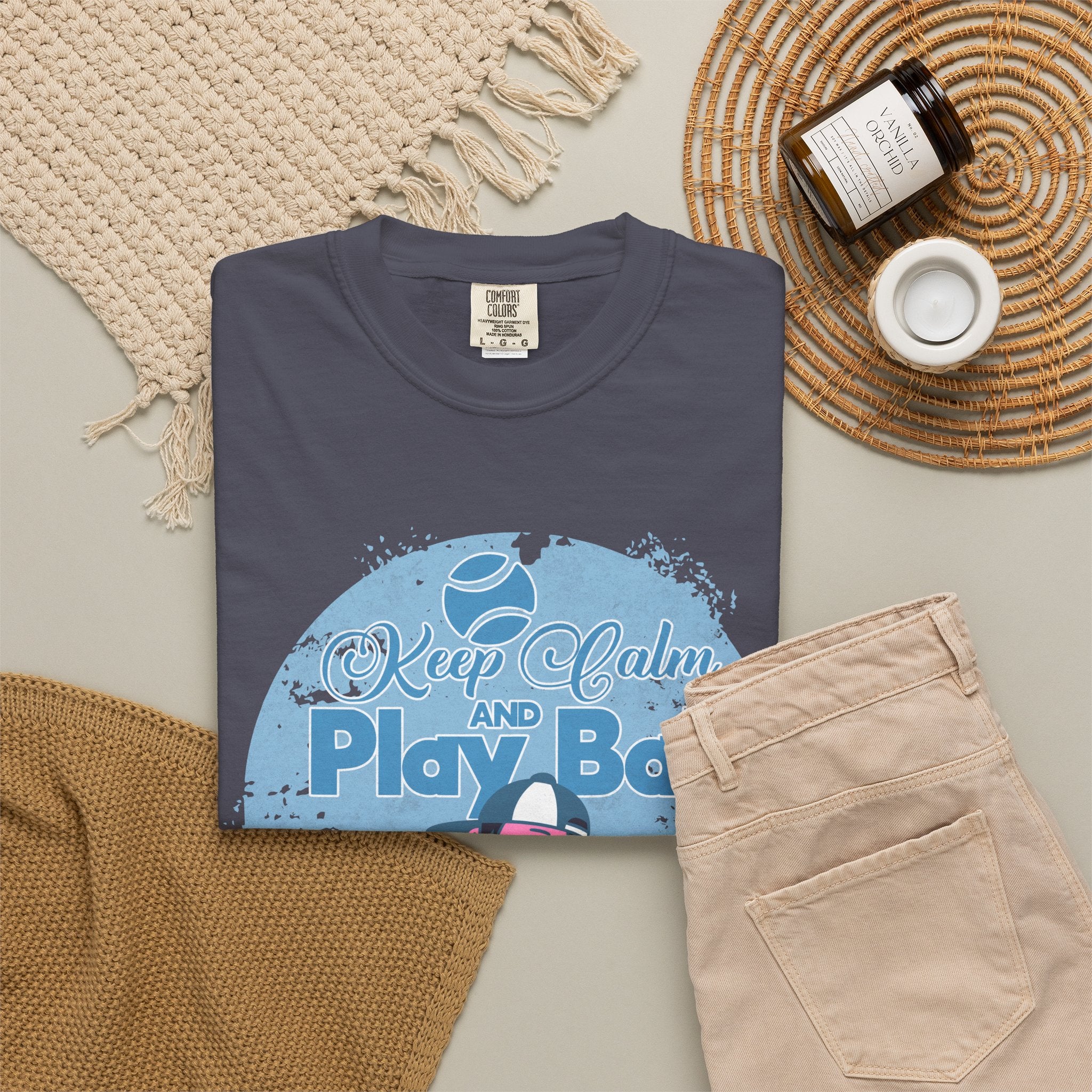 Textured Keep Calm and Play Ball Baseball T-Shirt — Cute Mascot Sports Tee for Kids & Fans