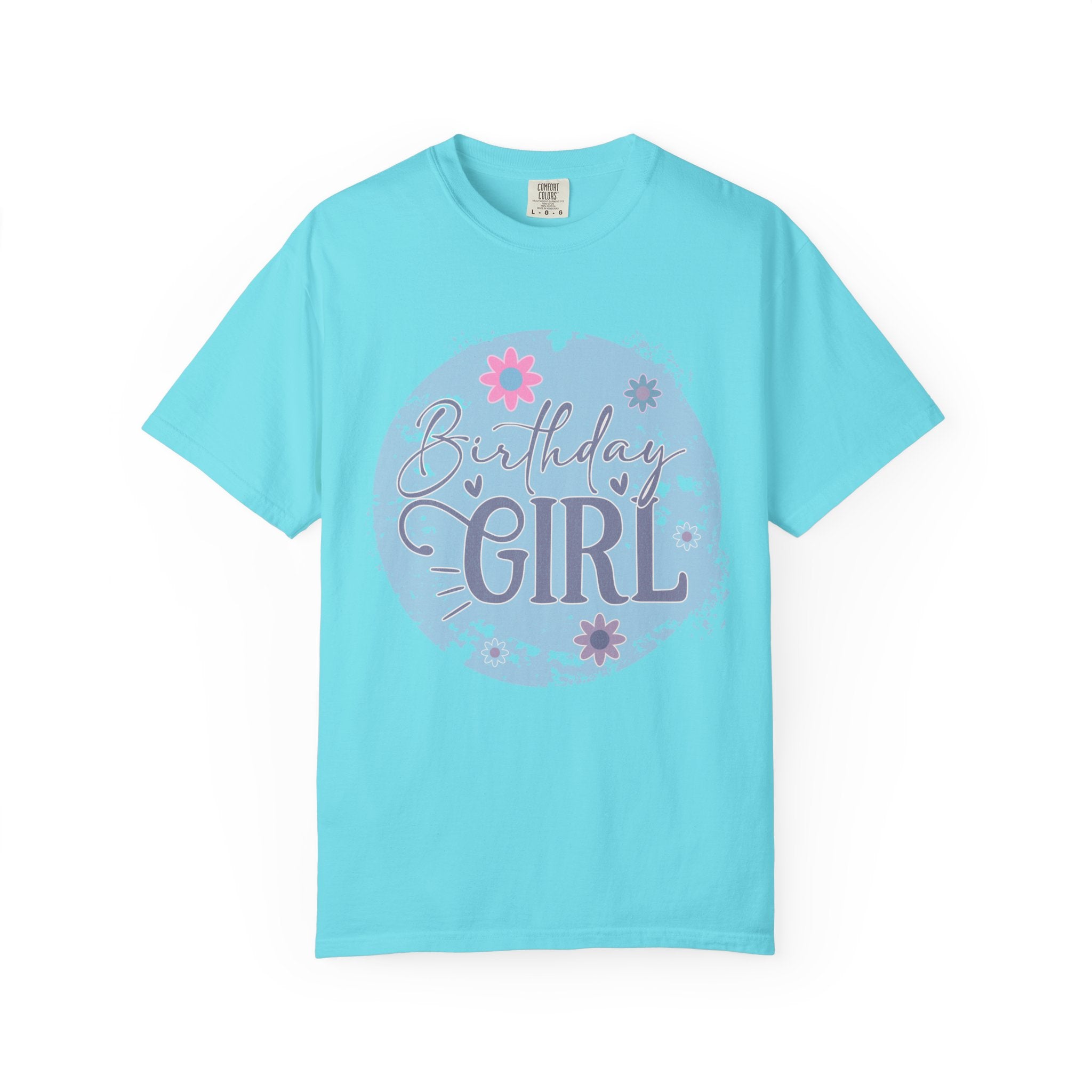 Birthday Girl Textured T-Shirt — Floral Blue Circle Graphic