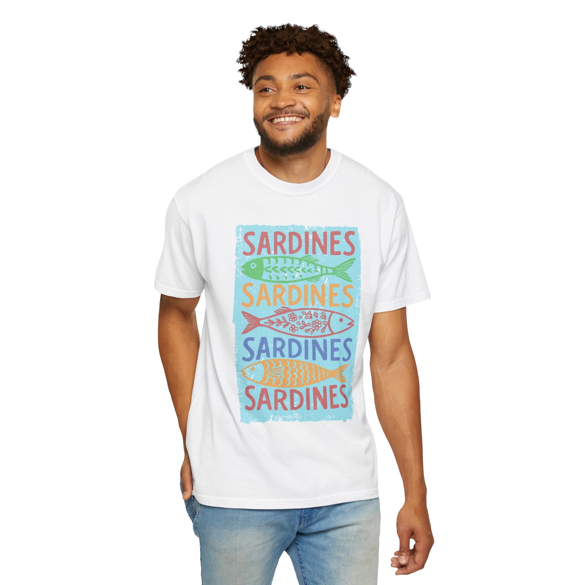 Sardines Colorblock Graphic Textured T-Shirt — Retro Coastal Fish Tee