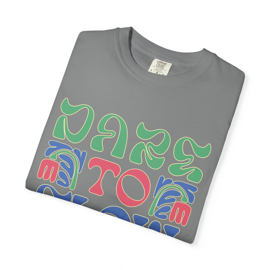 Dare To Flow T-Shirt | Textured Retro Groovy Typography, Colorful Wave Design