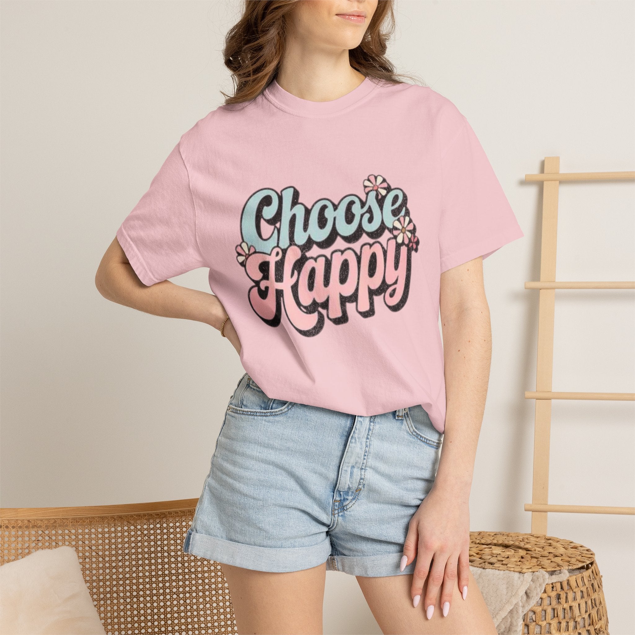 Choose Happy retro script shirt | Textured Positive message tee, pastel floral design