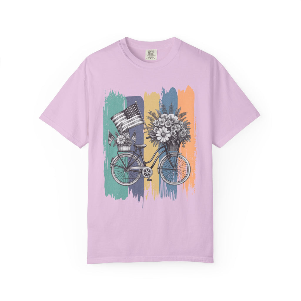 Textured Vintage Bicycle T-Shirt — Floral Basket & American Flag Graphic