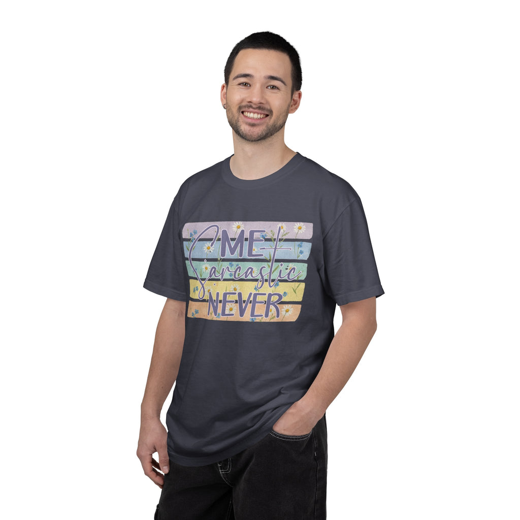 Textured Sarcastic Never T-Shirt — Pastel Striped 'Me? Sarcastic? Never' Graphic Tee