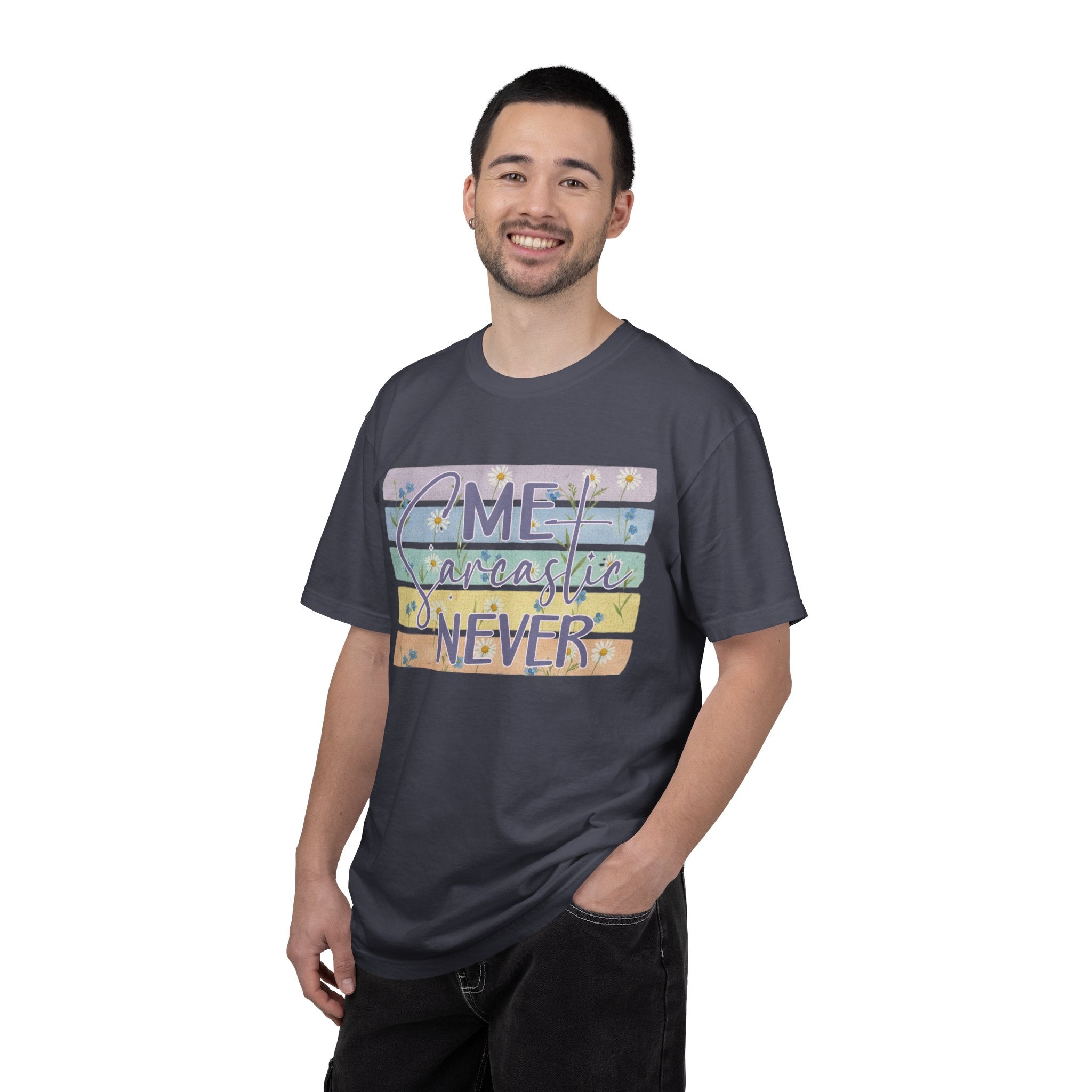 Textured Sarcastic Never T-Shirt — Pastel Striped 'Me? Sarcastic? Never' Graphic Tee