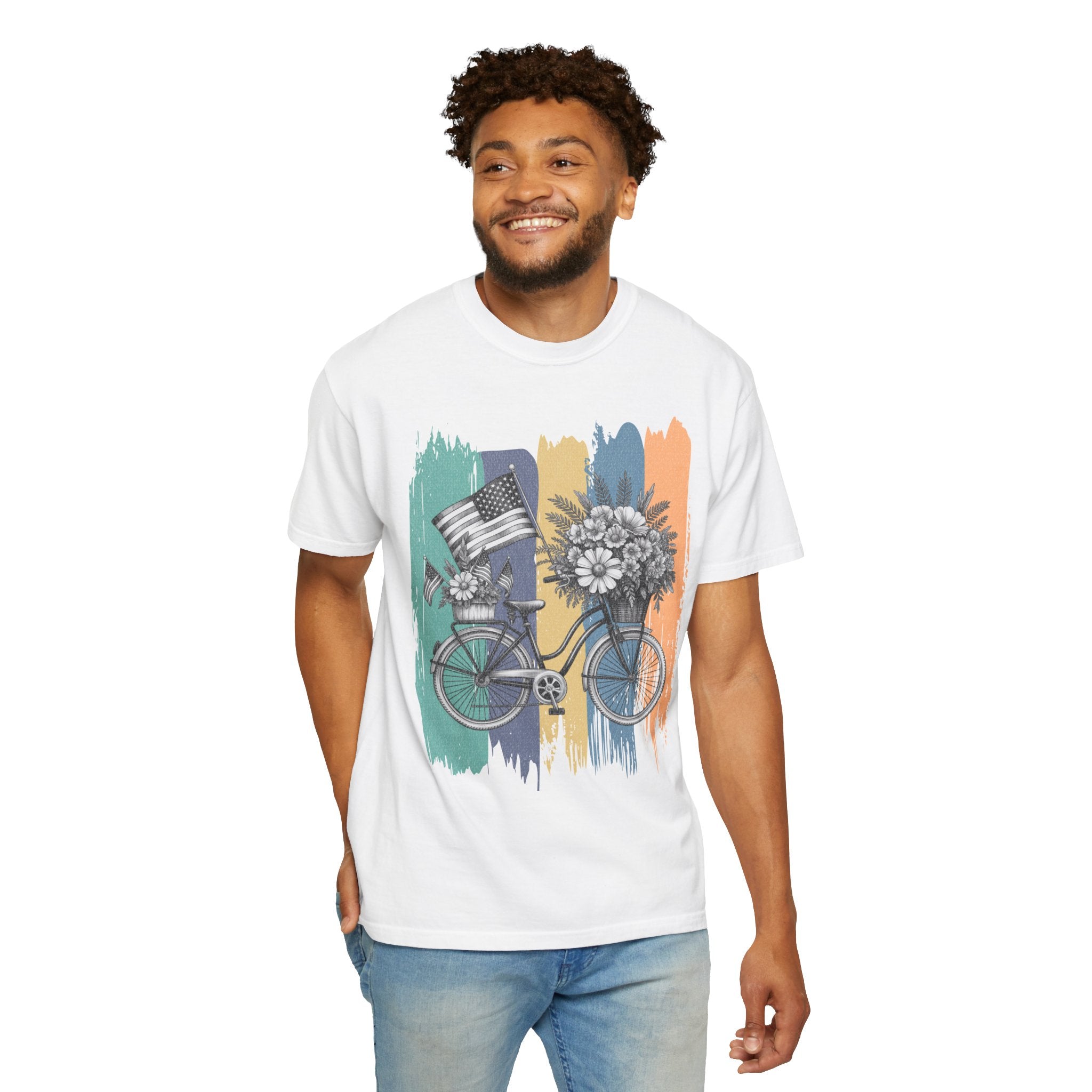 Textured Vintage Bicycle Bouquet T-Shirt — Americana Floral Bike Tee