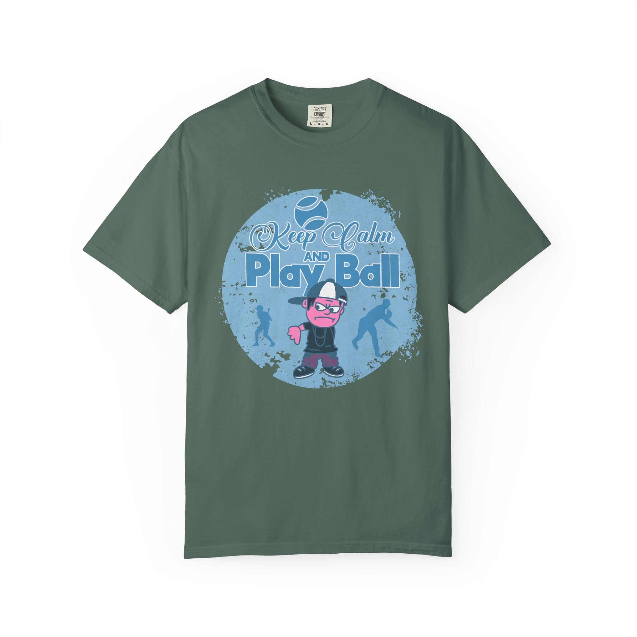 Textured Keep Calm and Play Ball Baseball T-Shirt — Cute Mascot Sports Tee for Kids & Fans