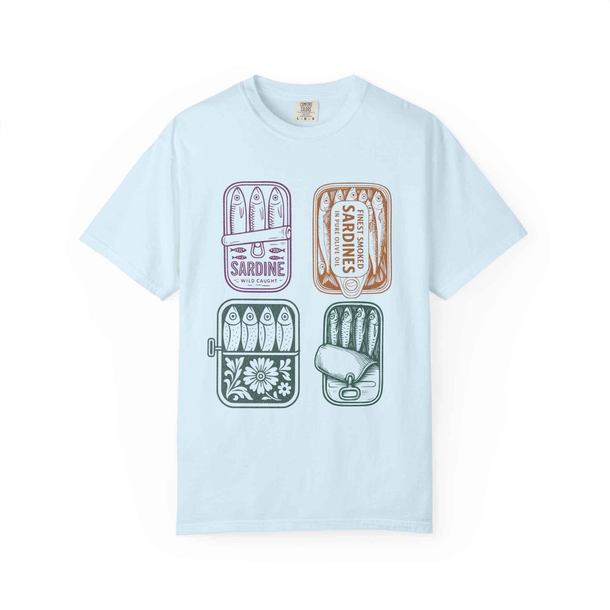 Sardine Tin Graphic Textured T-Shirt — Vintage Seafood Illustration Tee