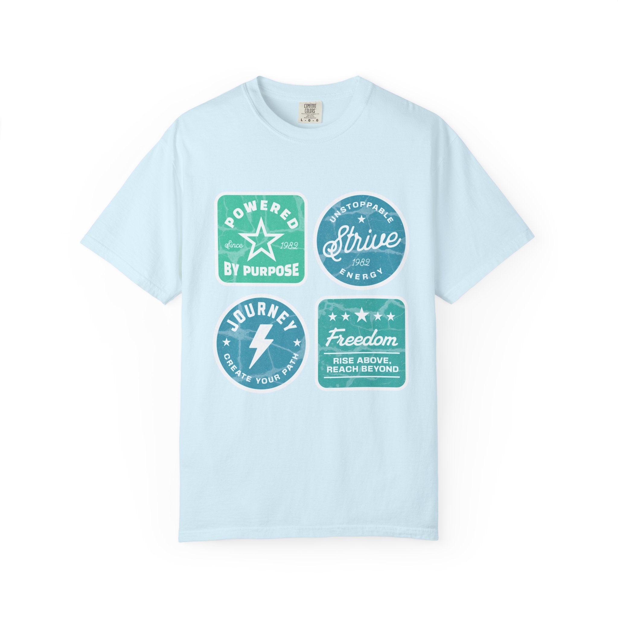 Motivational Badge Graphic Textured T-Shirt — "Powered by Purpose, Strive, Journey, Freedom"