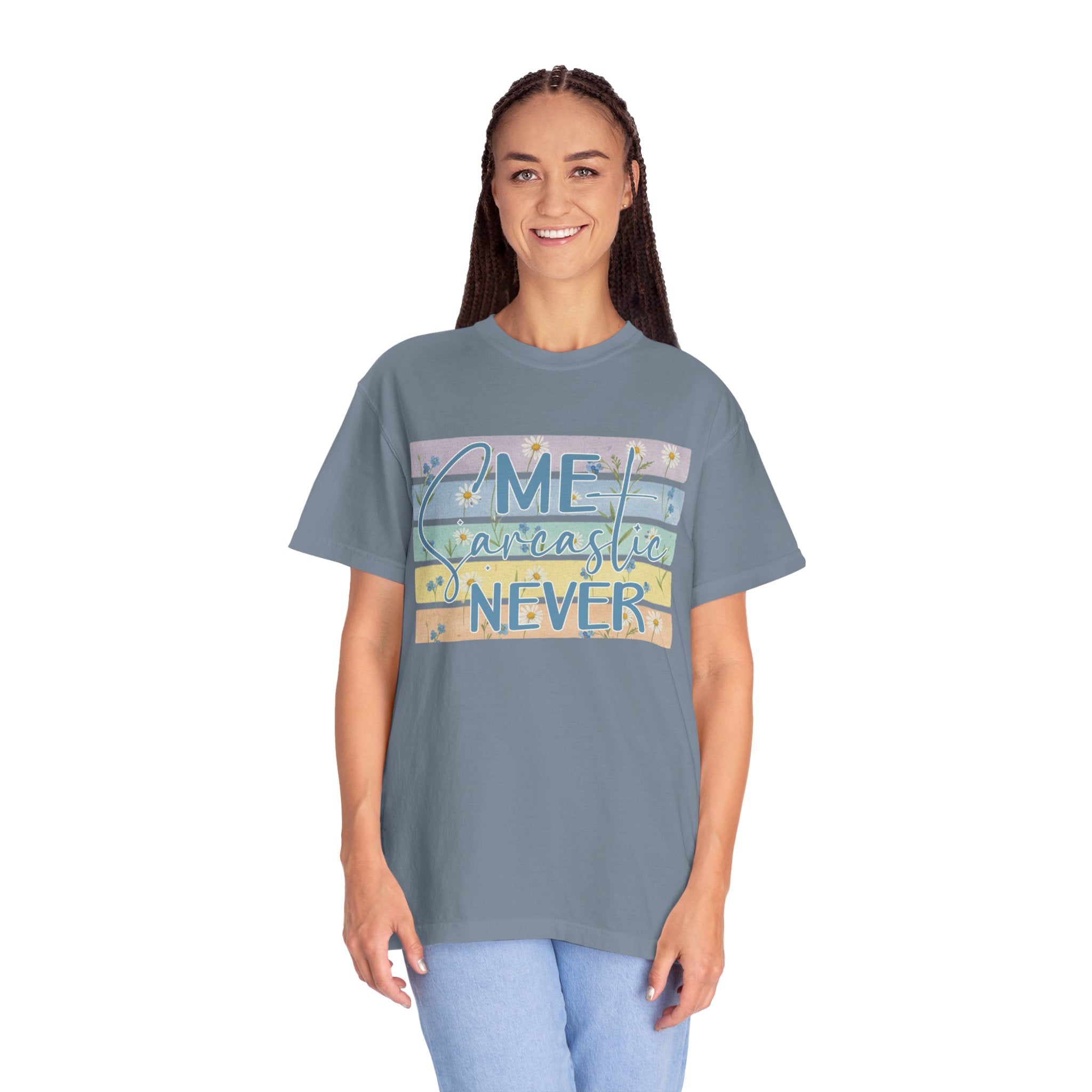 Textured Me Sarcastic Never T‑Shirt — Funny Retro Pastel Striped Tee for Sarcasm Lovers