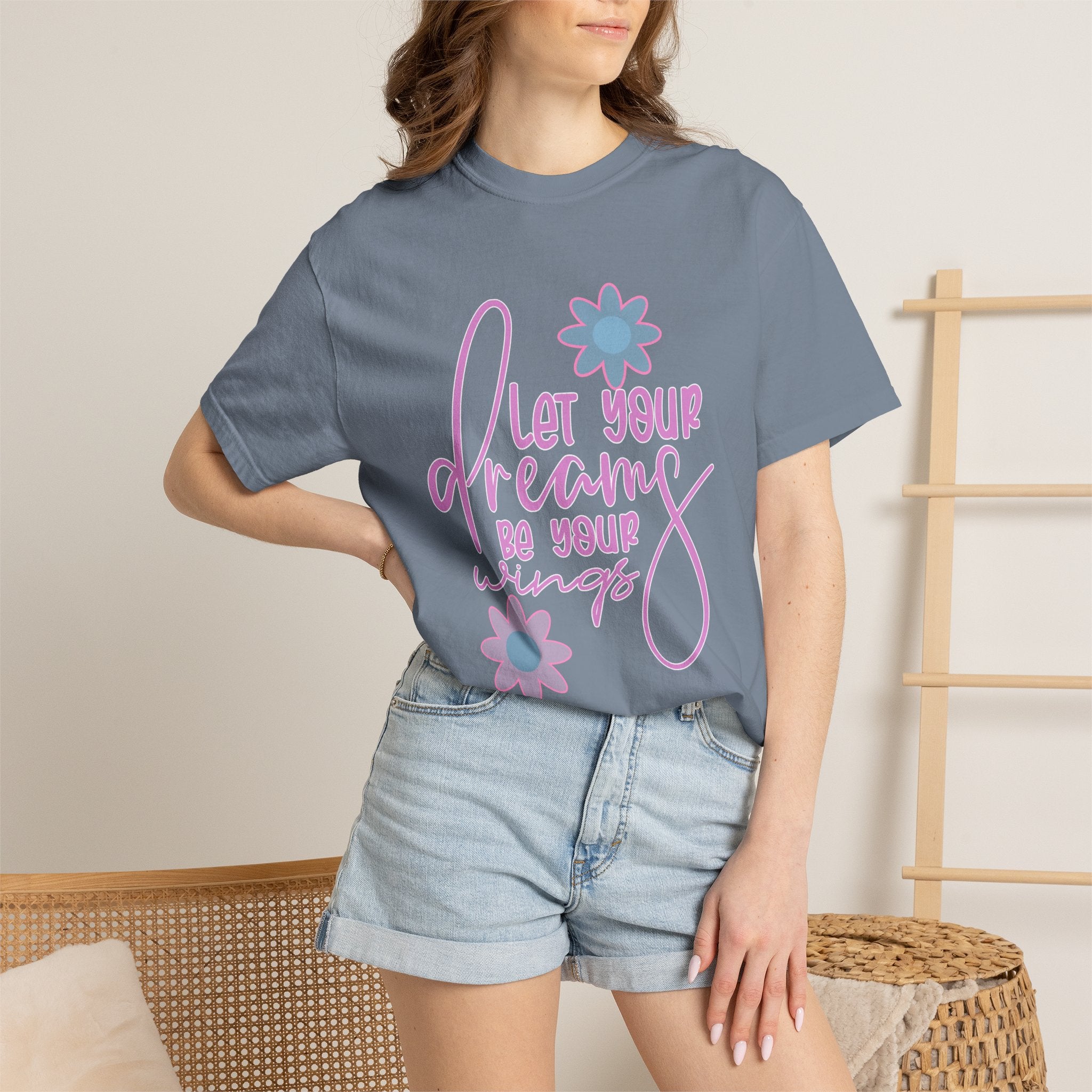 Textured Inspirational Floral Tee — "Let Your Dreams Be Your Wings"