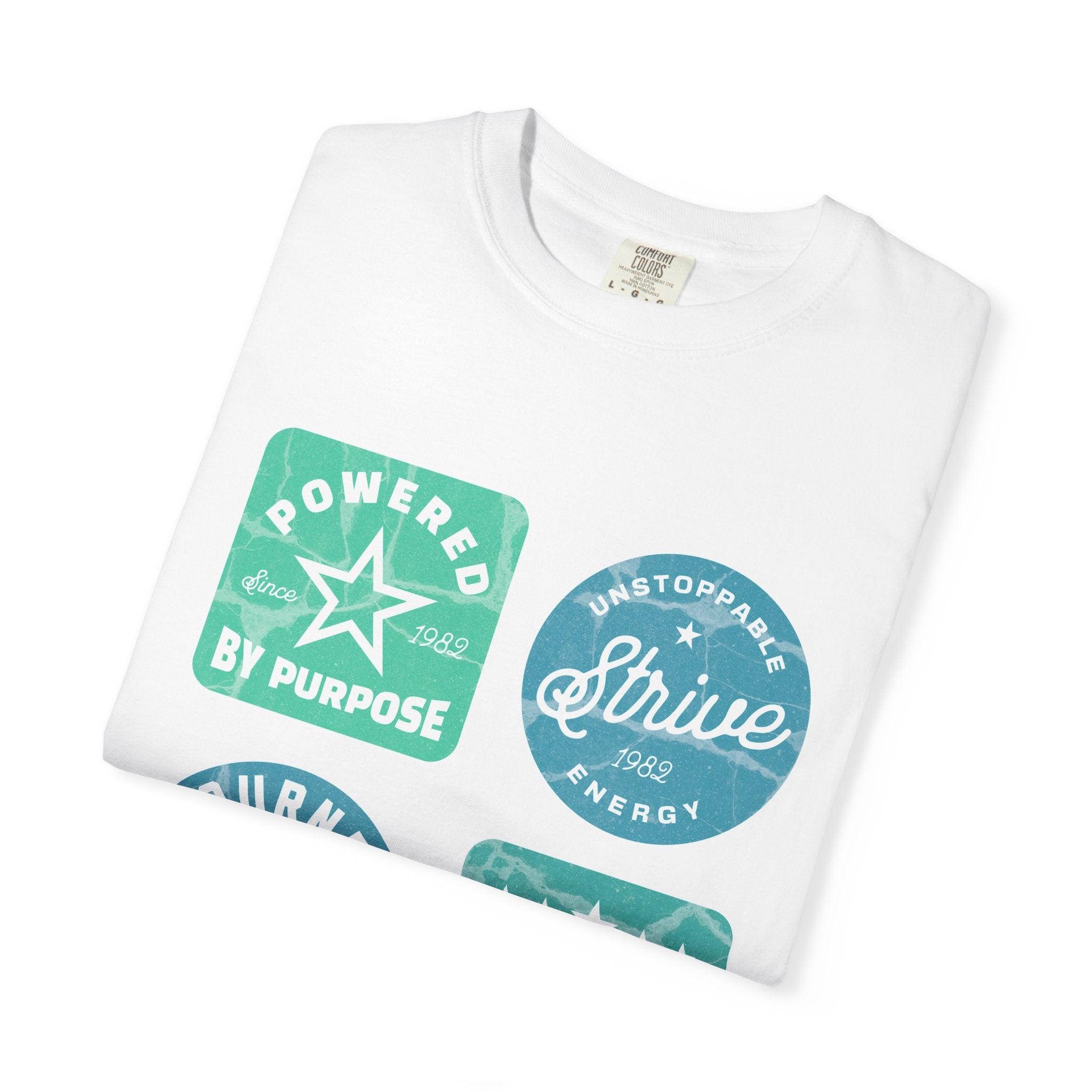 Motivational Badge Graphic Textured T-Shirt — "Powered by Purpose, Strive, Journey, Freedom"
