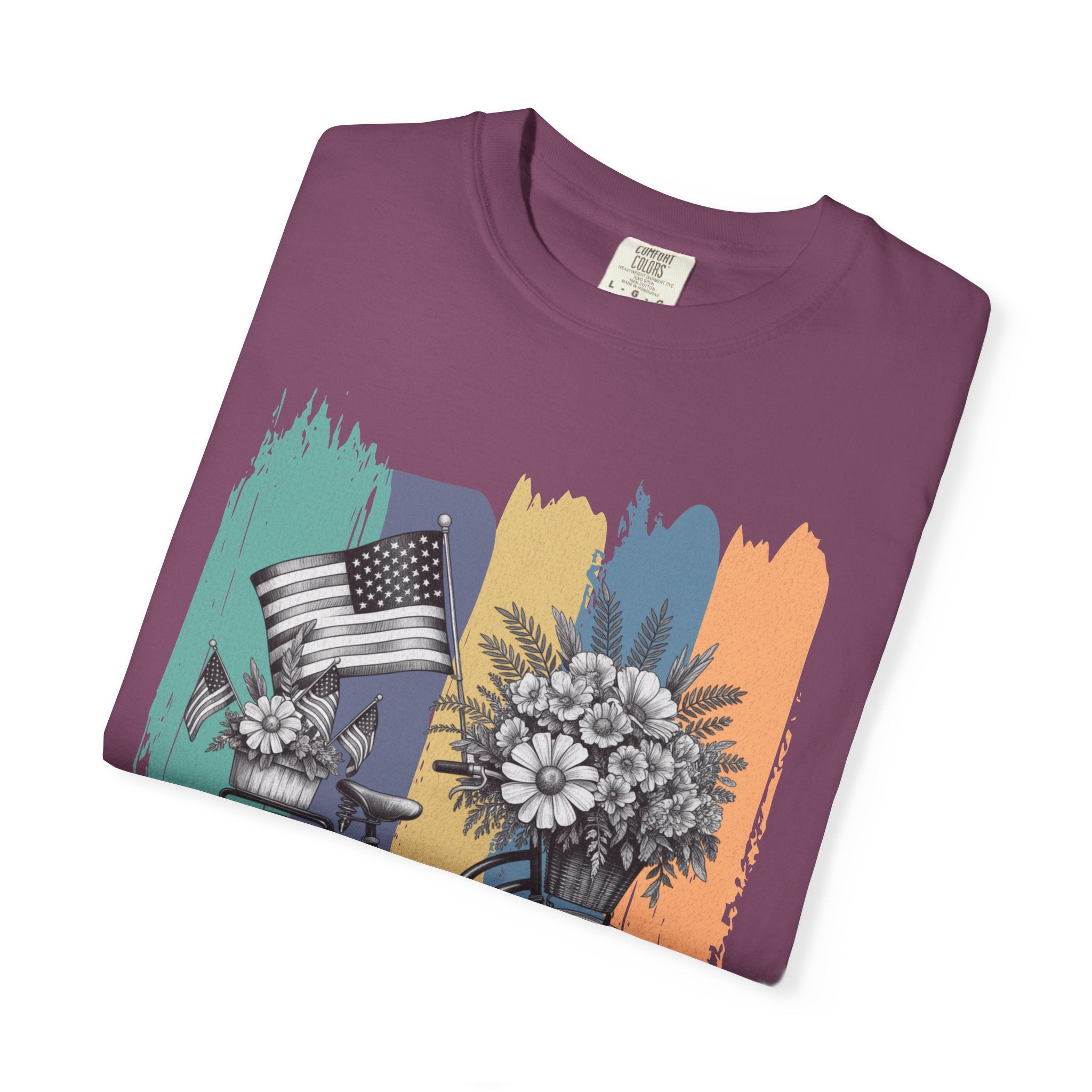 Textured Vintage Bicycle T-Shirt — Floral Basket & American Flag Graphic