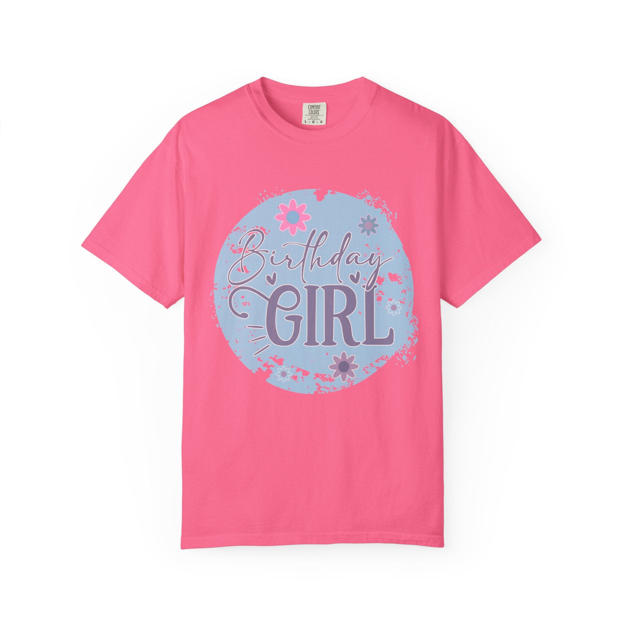 Birthday Girl Textured T-Shirt — Floral Blue Circle Graphic