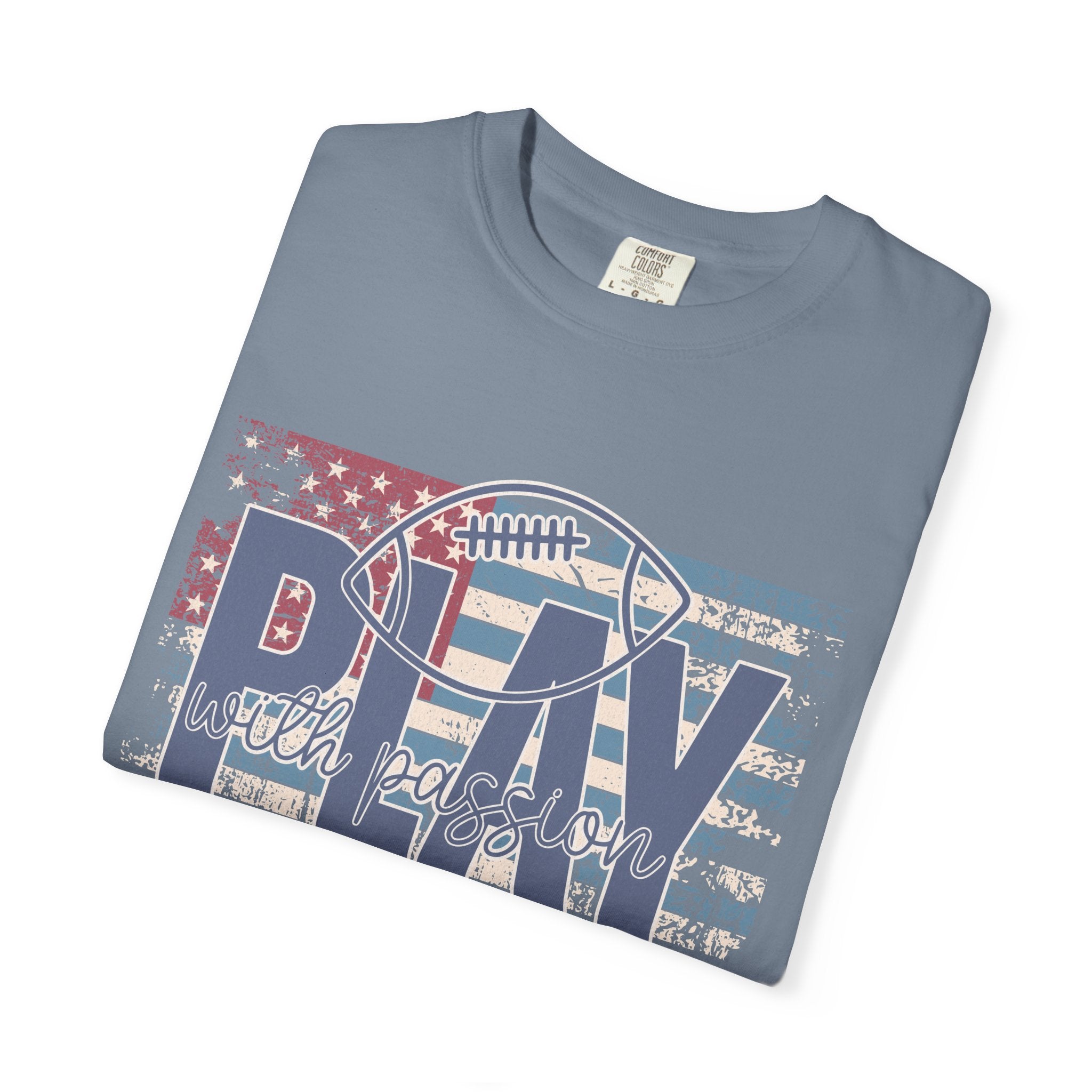 Play With Passion Football Textured Tee — Vintage American Flag Sports Tee
