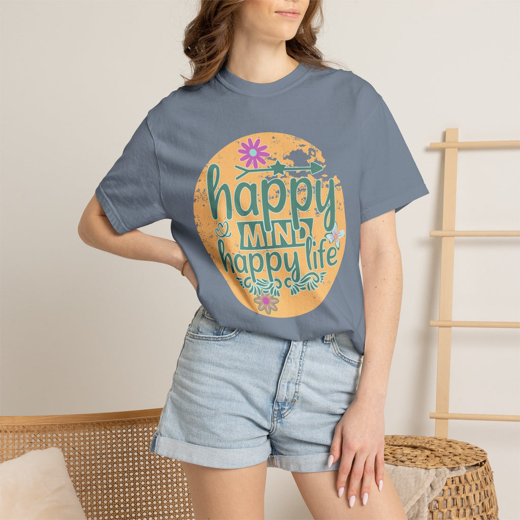 Happy Mind Happy Life Textured T-Shirt — Positive Vibes Floral Graphic Tee