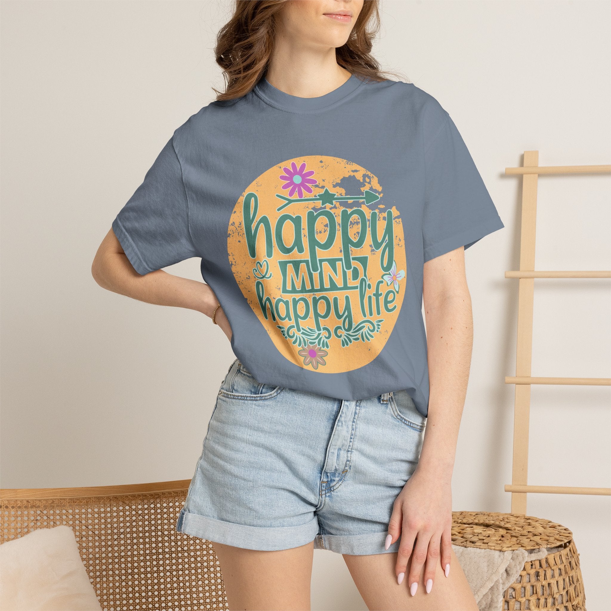 Happy Mind Happy Life Textured T-Shirt — Positive Vibes Floral Graphic Tee