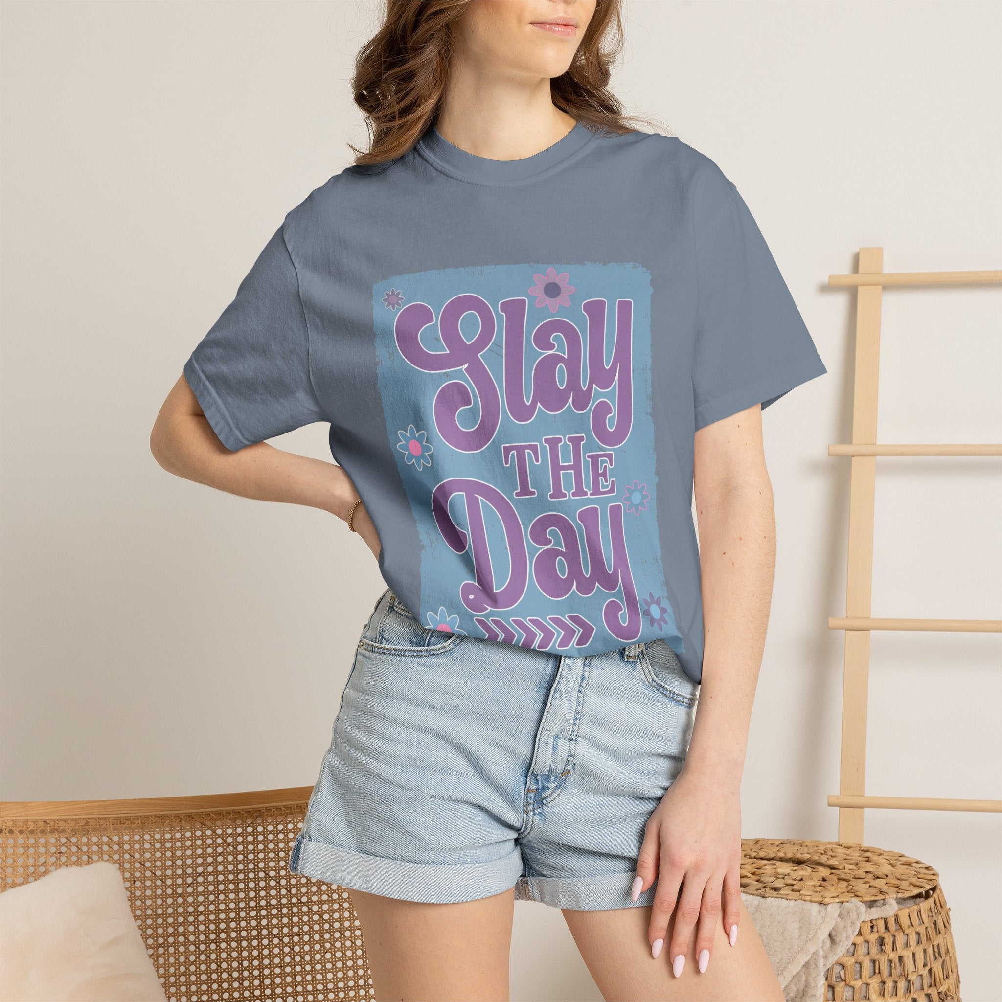 Textured Slay the Day Graphic T-Shirt — Retro Pastel Motivation Tee