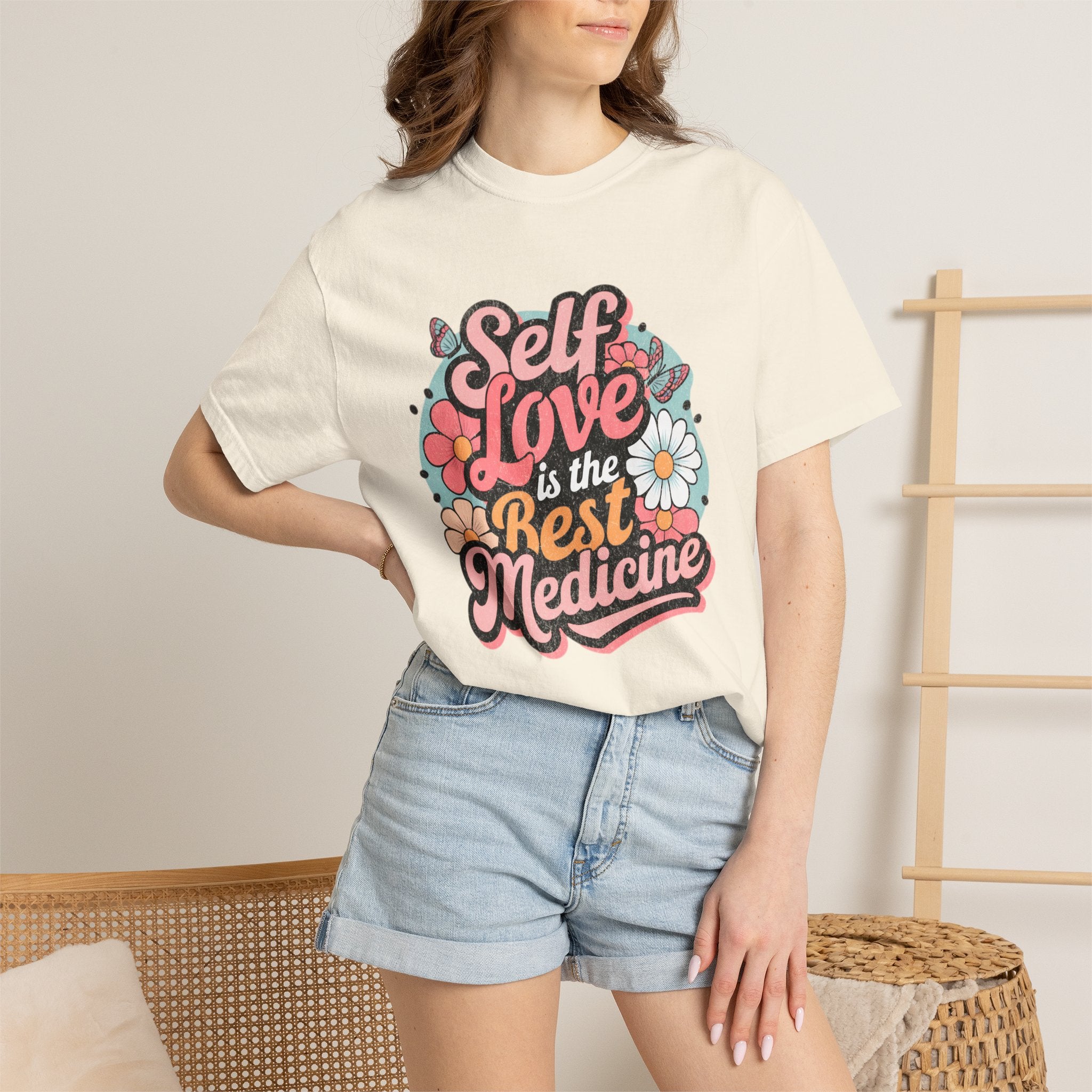 Self Love is the Best Medicine T-Shirt |Textured Floral Script Mental Health Design