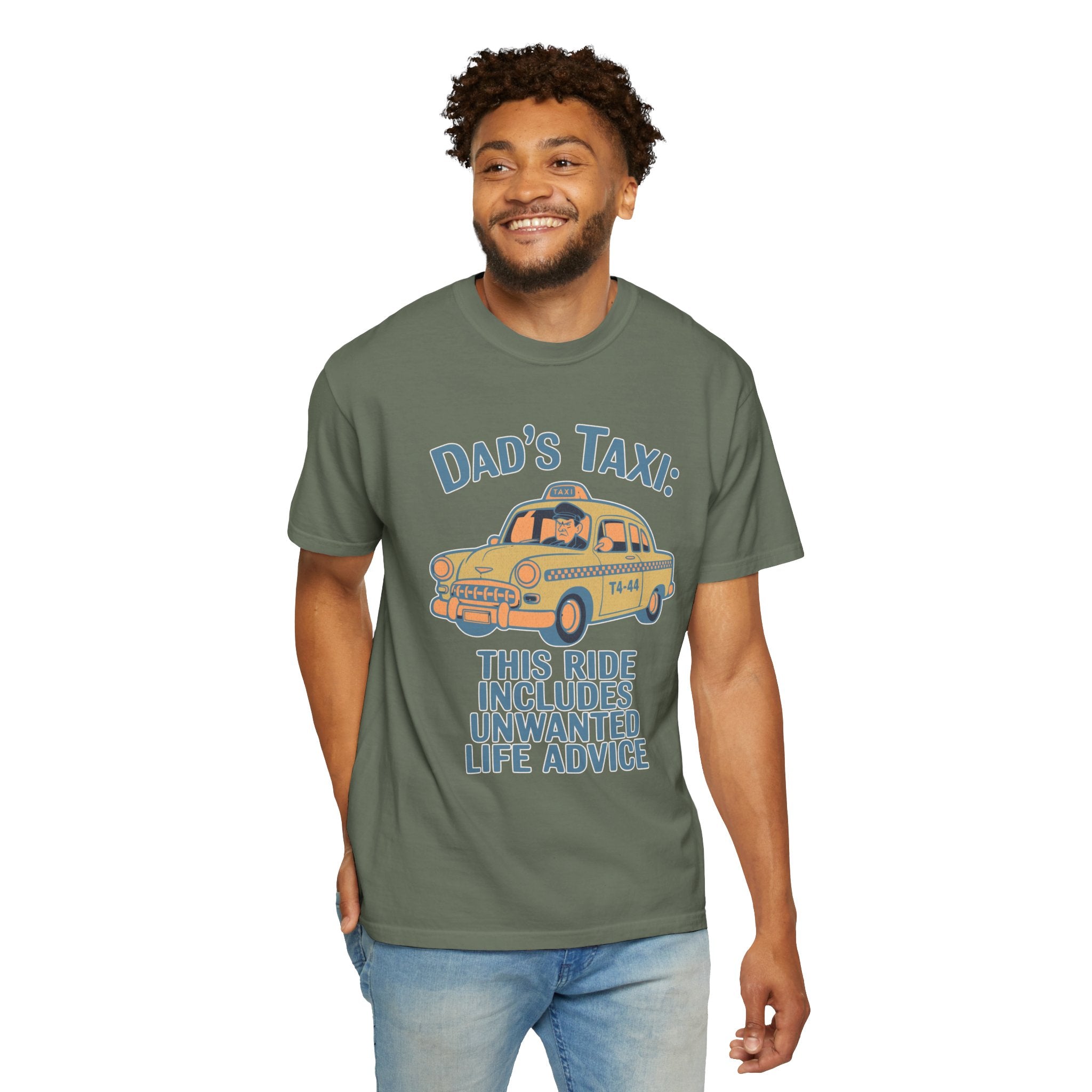Textured Dad's Taxi T-Shirt — "This Ride Includes Unwanted Life Advice" Funny Father's Day Tee