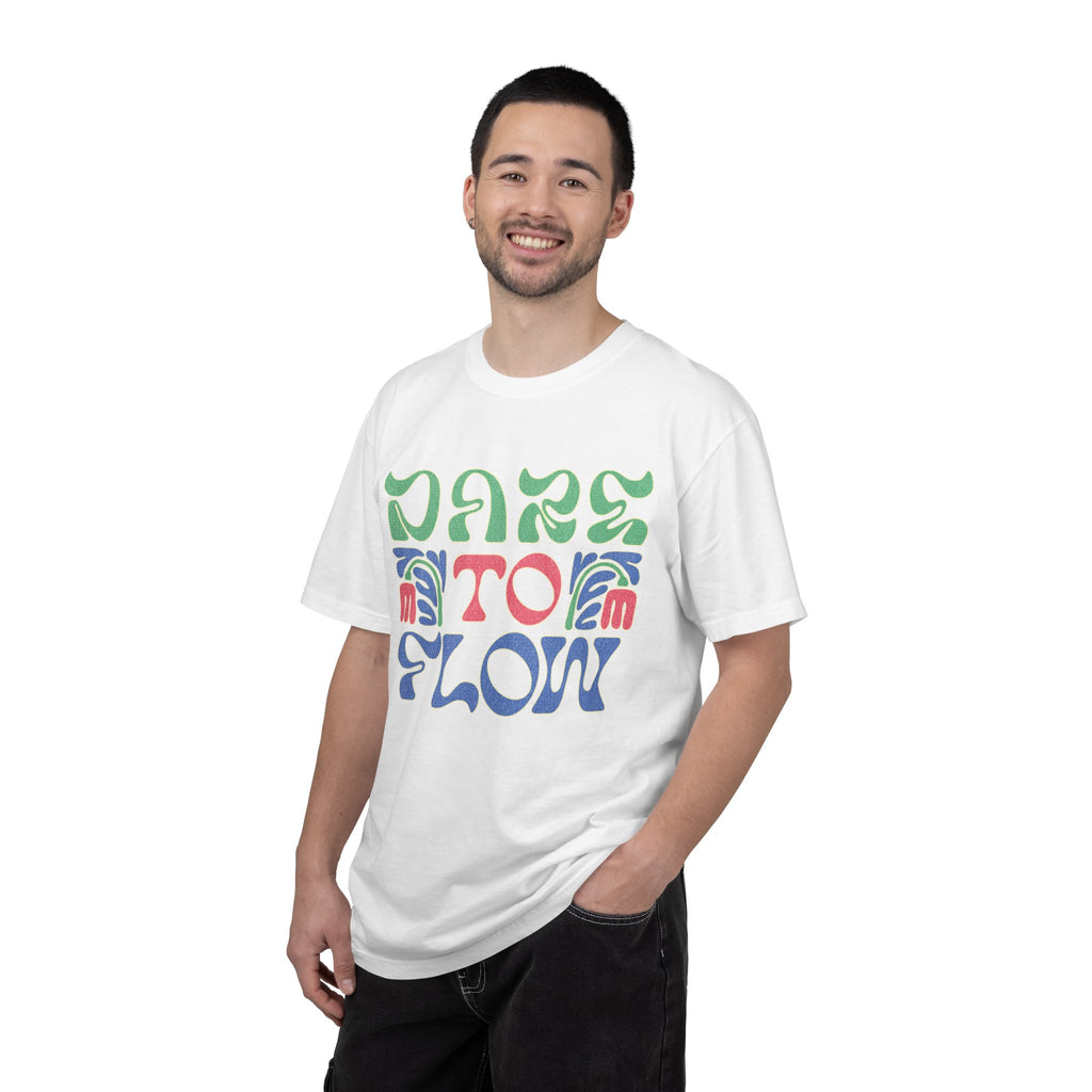 Dare To Flow T-Shirt | Textured Retro Groovy Typography, Colorful Wave Design