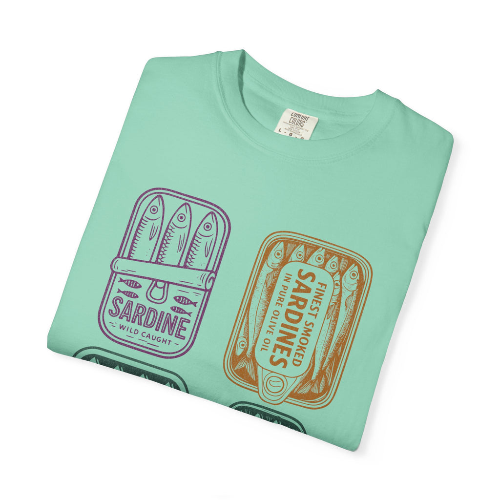 Sardine Tin Graphic Textured T-Shirt — Vintage Seafood Illustration Tee