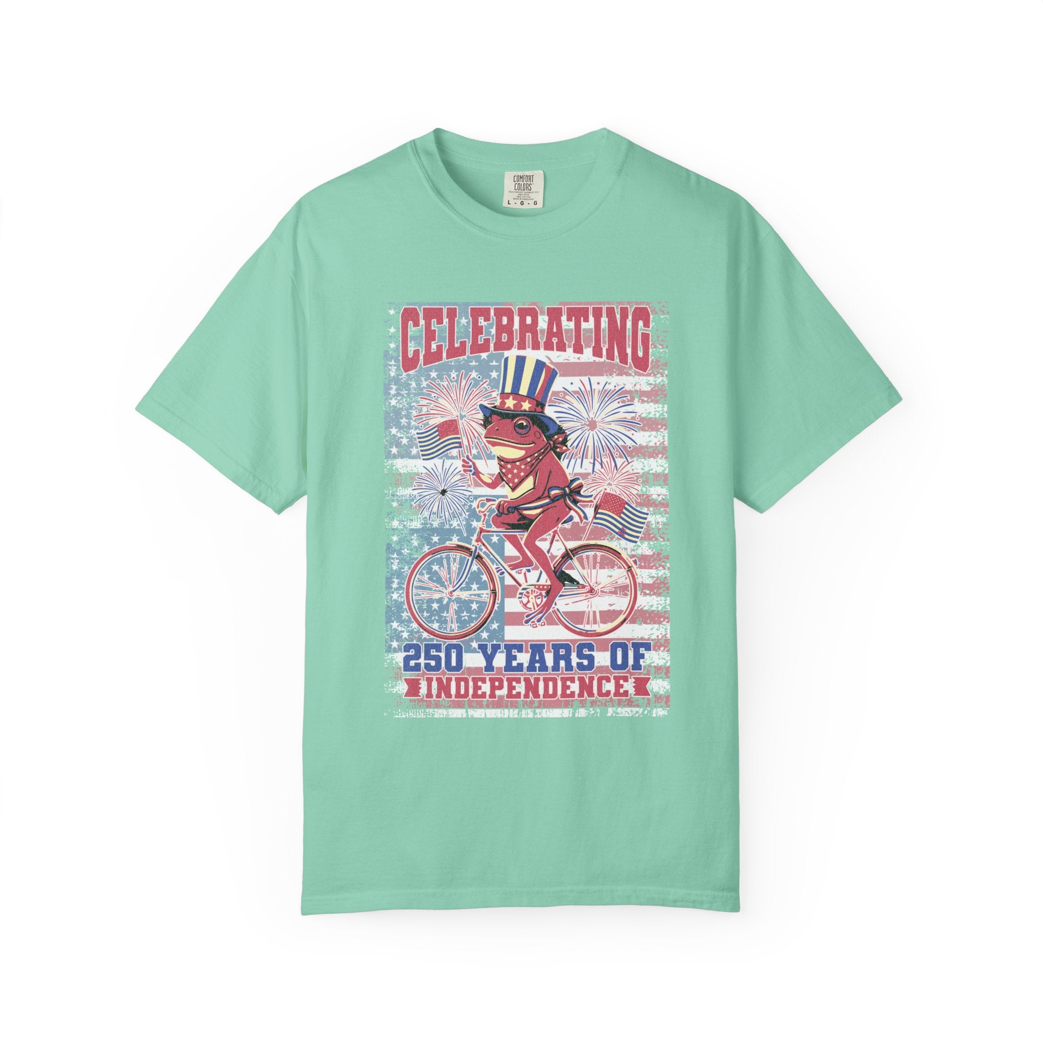Textured Independence Day Dog on Bike T-Shirt — "Celebrating 250 Years of Independence" Patriotic Tee