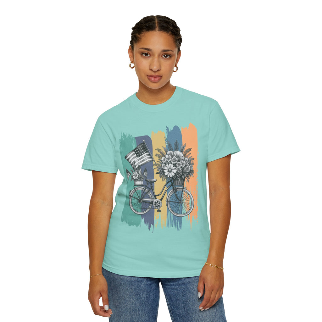Textured Vintage Bicycle Bouquet T-Shirt — Americana Floral Bike Tee