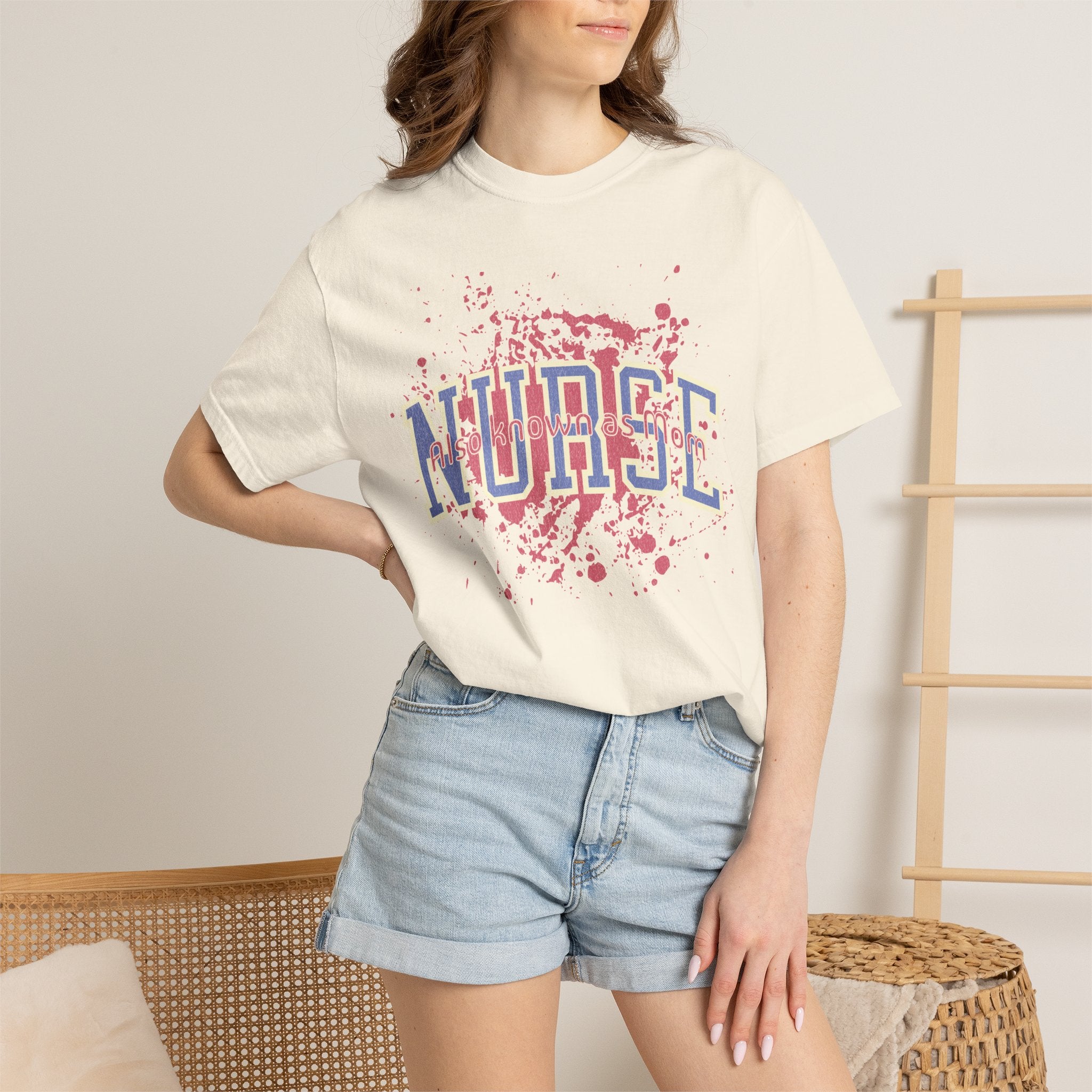 Nurse Also Known As Mom Textured T‑Shirt — Retro Collegiate Text with Paint Splatter