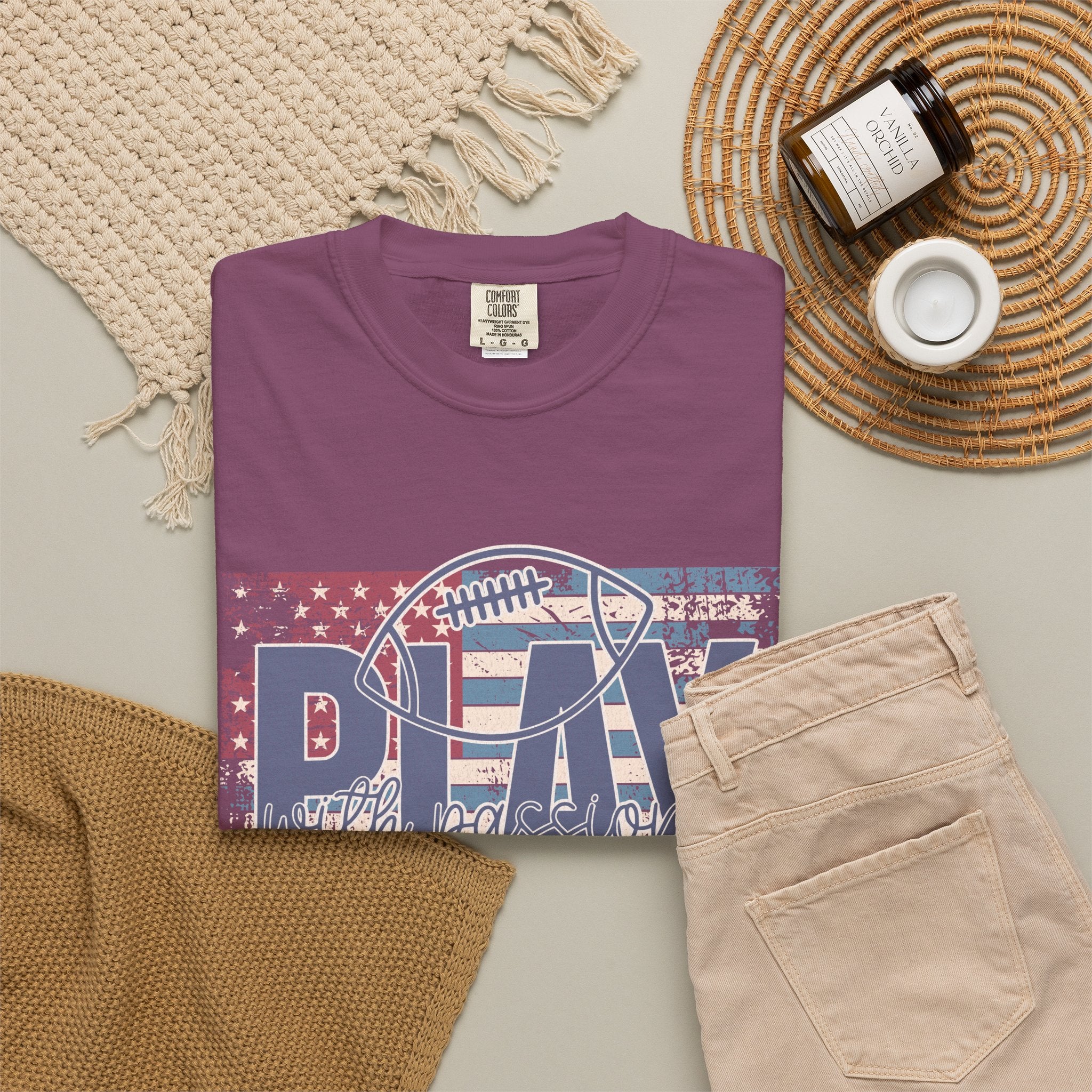 Play With Passion Football Textured Tee — Vintage American Flag Sports Tee