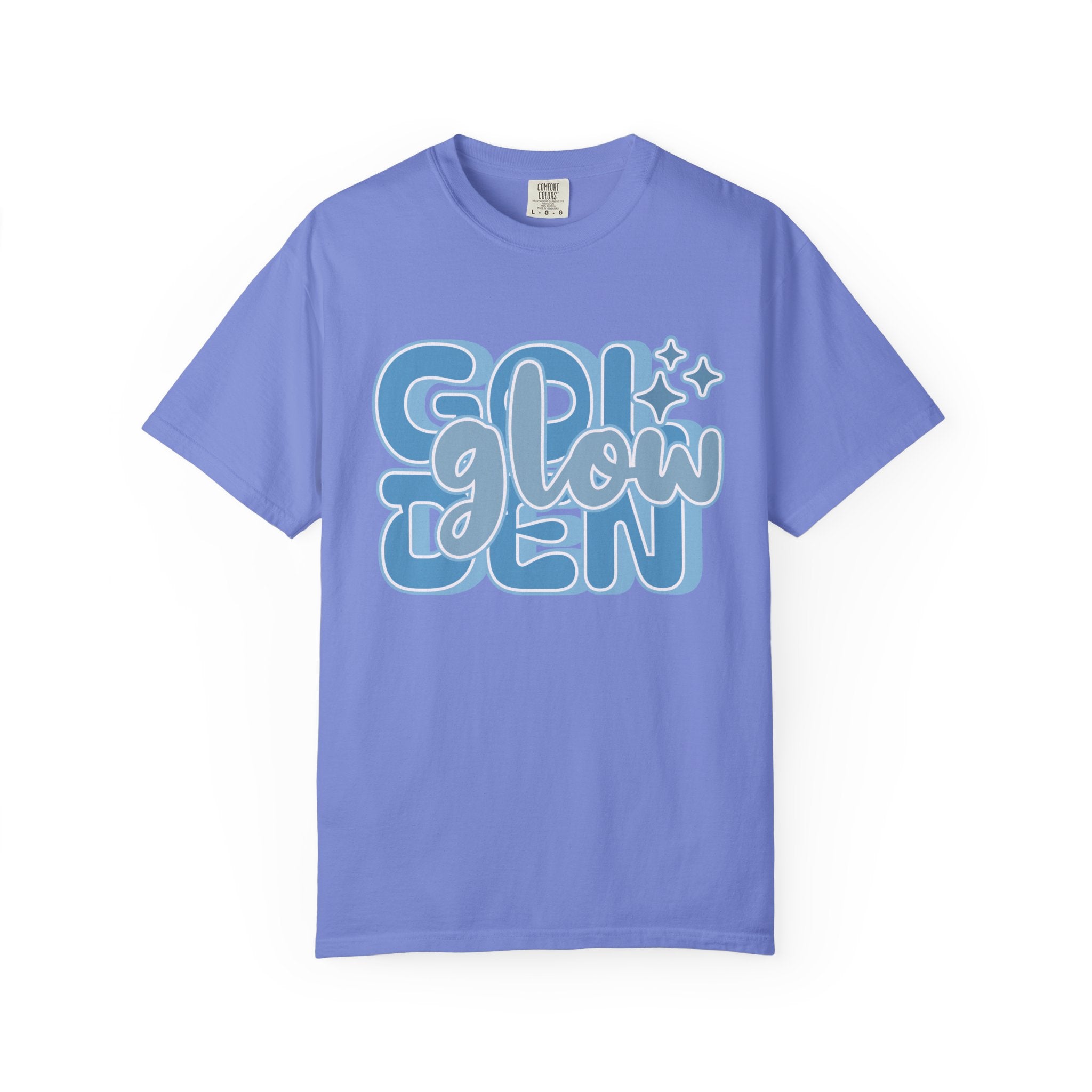 Golden Glow Textured  T‑Shirt — Retro Blue Script Graphic Tee