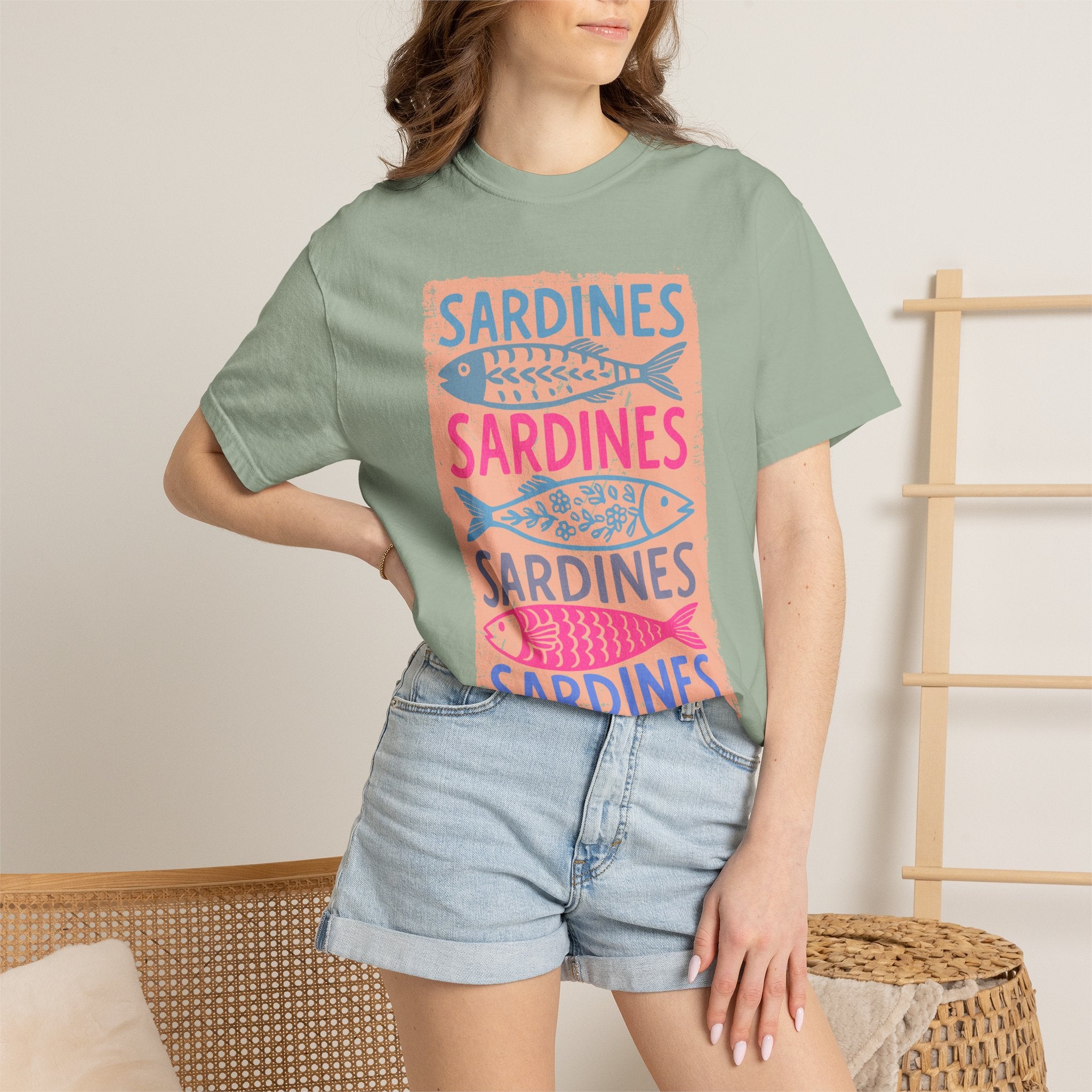 Sardines Textured Graphic T-Shirt — Retro Fish Print Tee