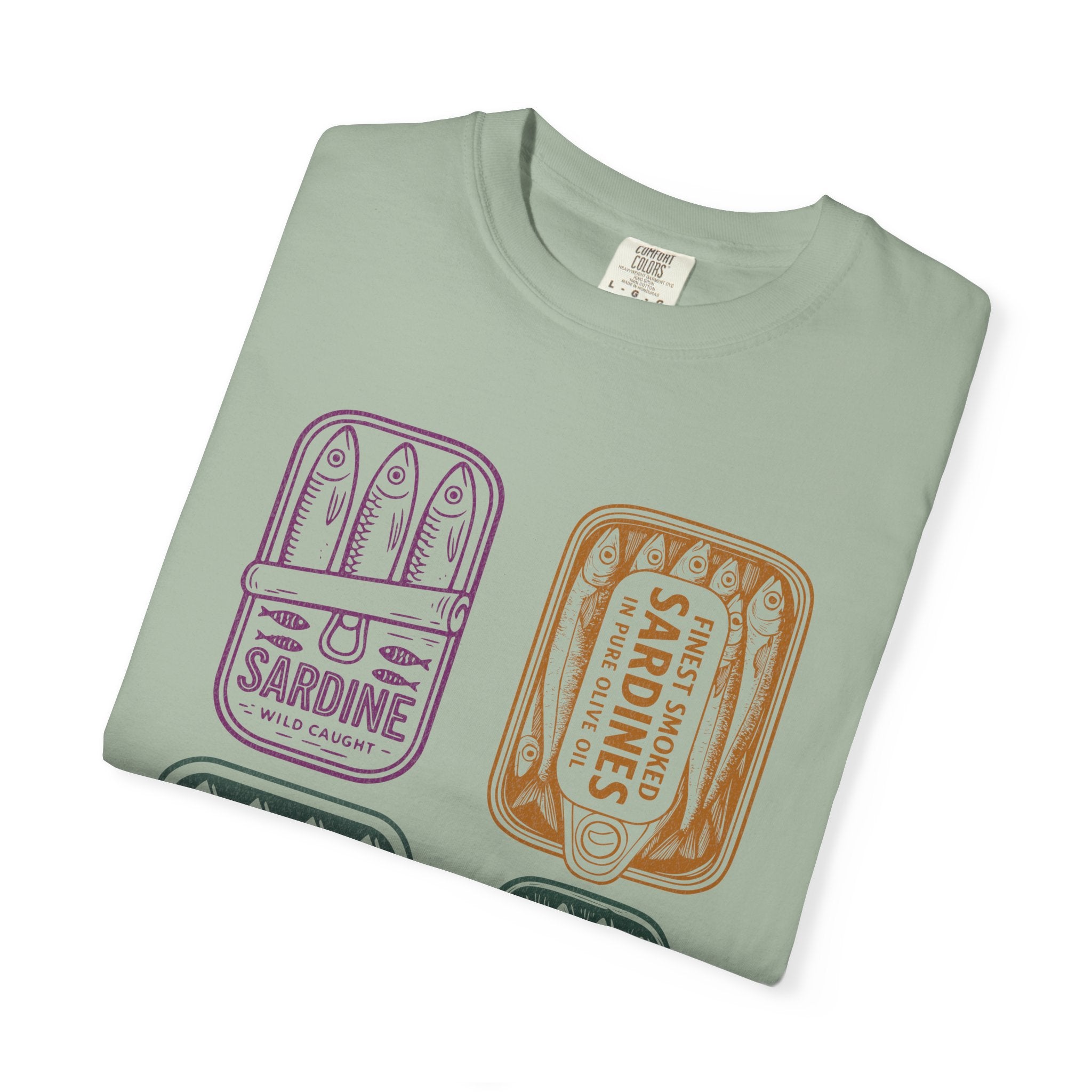 Sardine Tin Graphic Textured T-Shirt — Vintage Seafood Illustration Tee