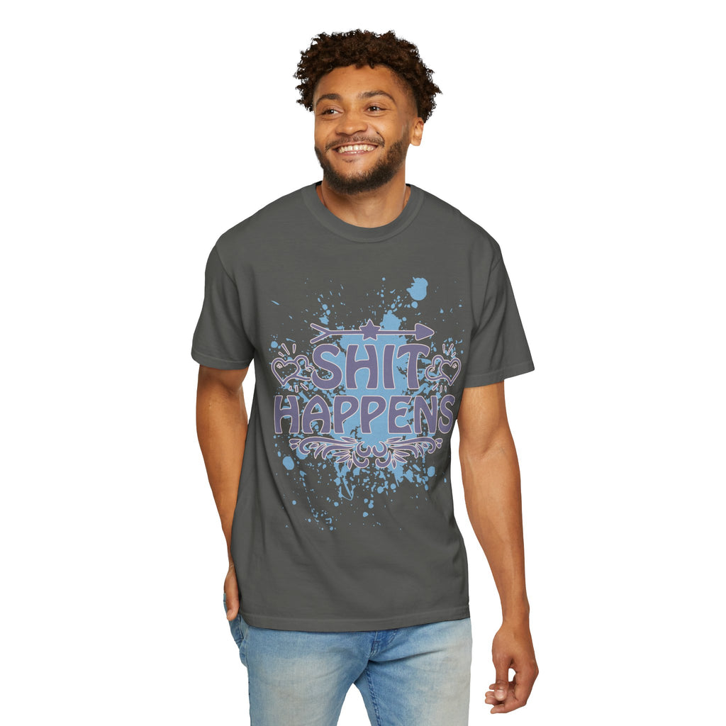 Shit Happens Graphic T-Shirt — Casual Humorous Tee with Splatter Design