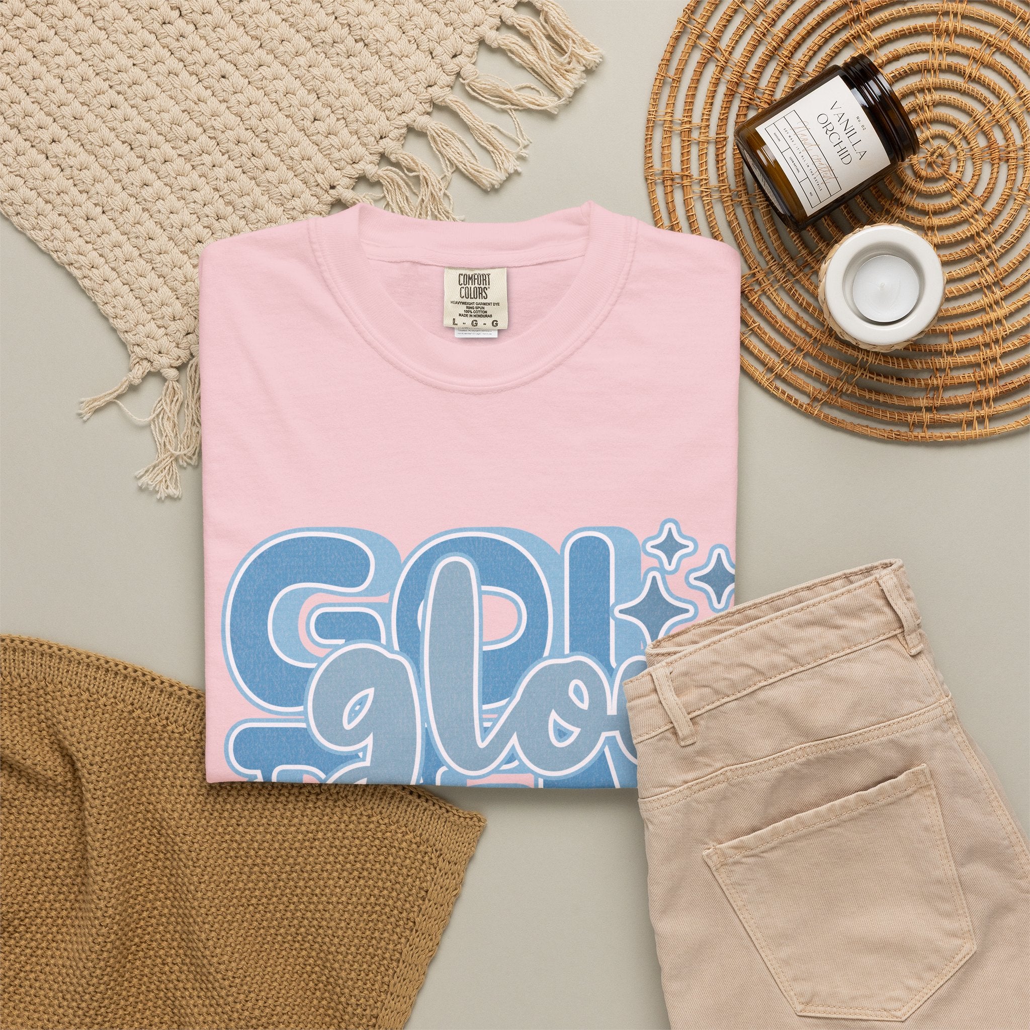Golden Glow Textured  T‑Shirt — Retro Blue Script Graphic Tee