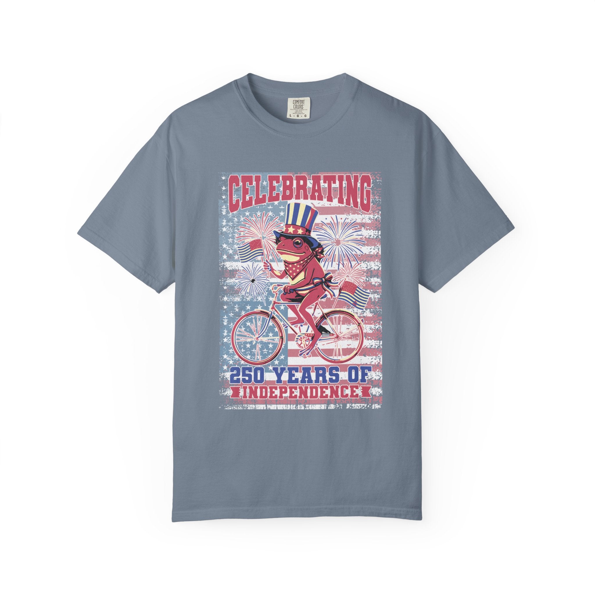 Textured Independence Day Dog on Bike T-Shirt — "Celebrating 250 Years of Independence" Patriotic Tee