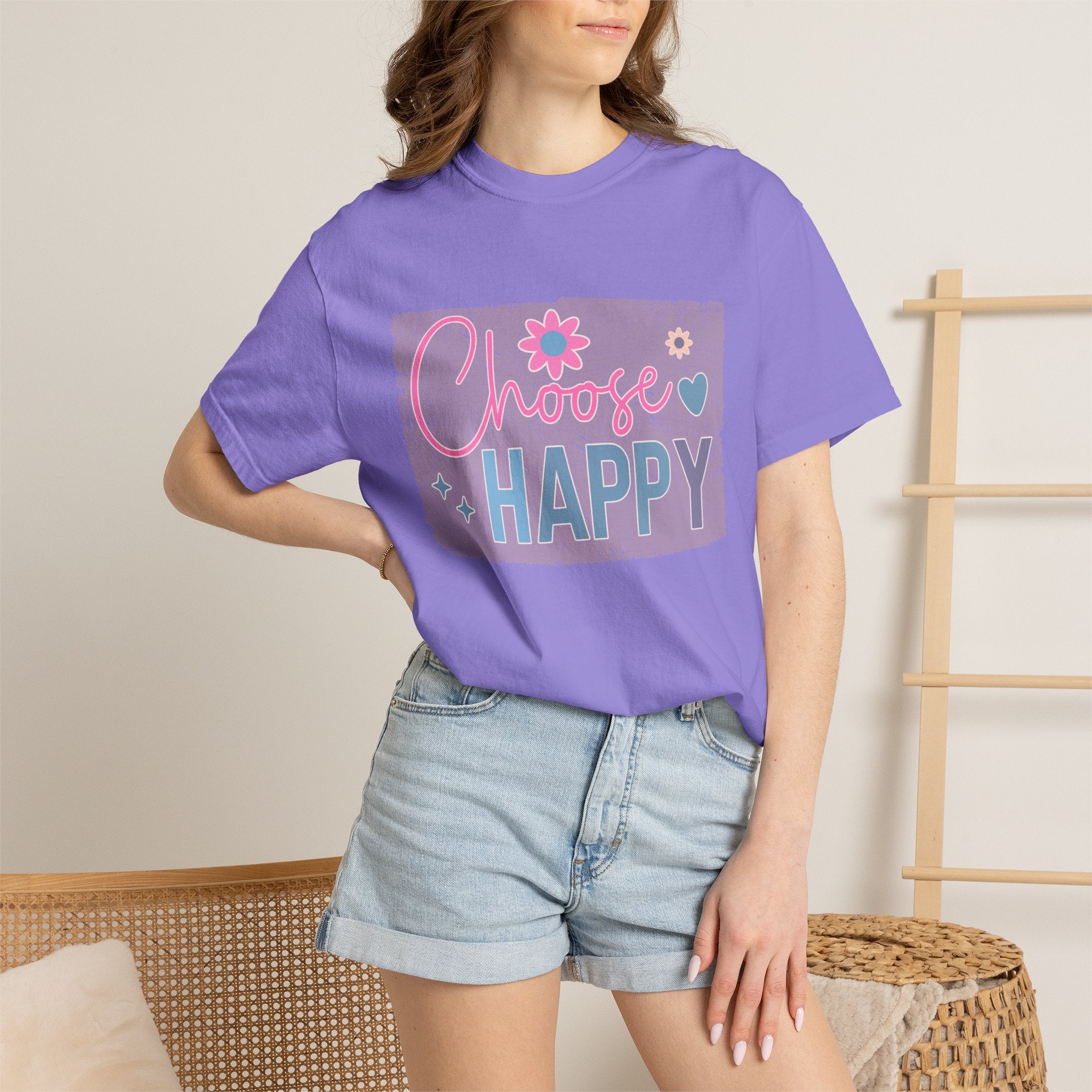Choose Happy Textured T-Shirt — Retro Floral Positive Message Tee