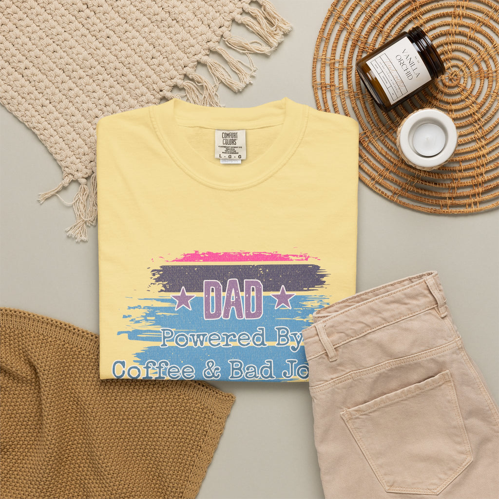 Textured Dad T-Shirt - "Powered By Coffee & Bad Jokes" Vintage Stripe Father's Day Tee