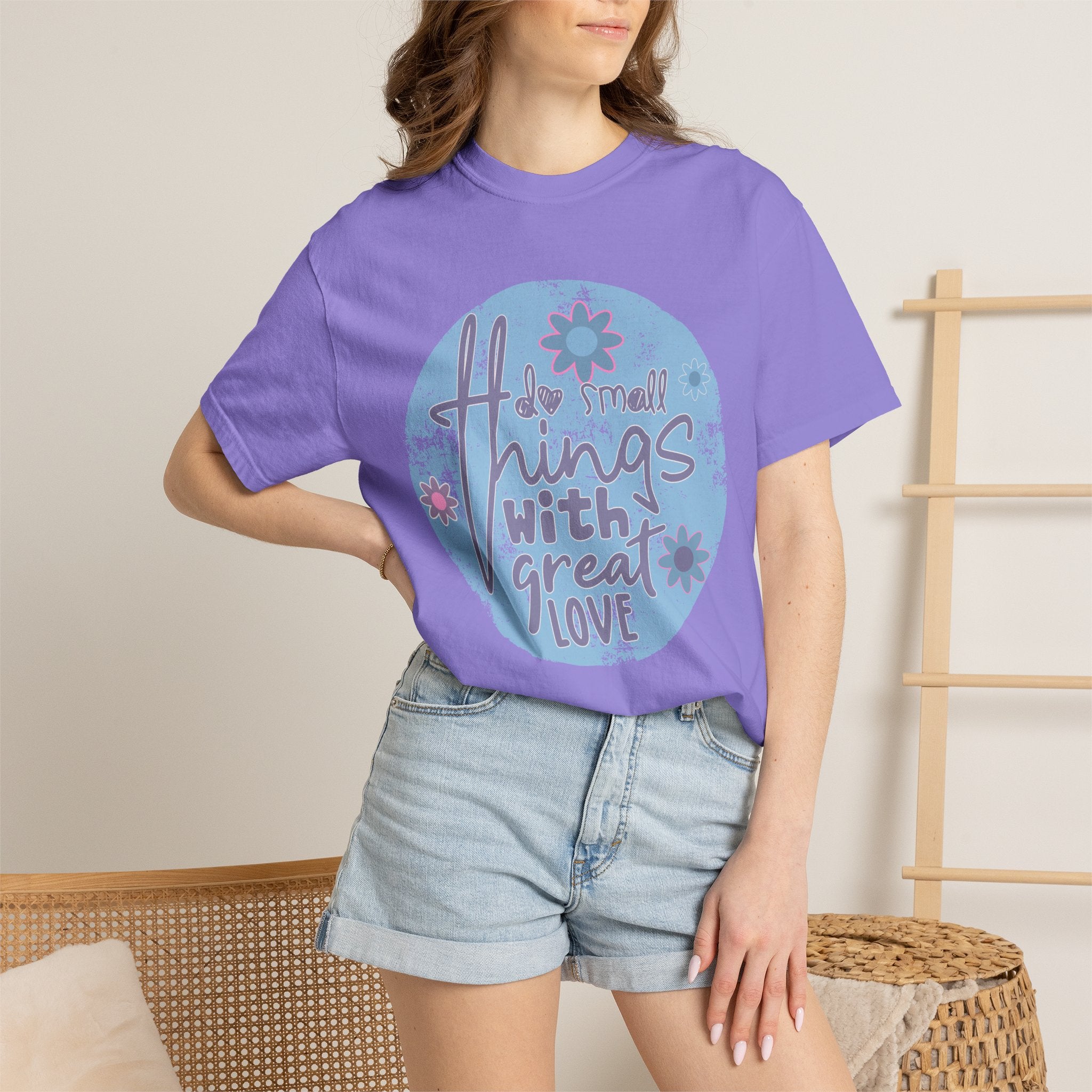 Textured Inspirational Graphic T-Shirt — "Do Small Things With Great Love" Floral Design