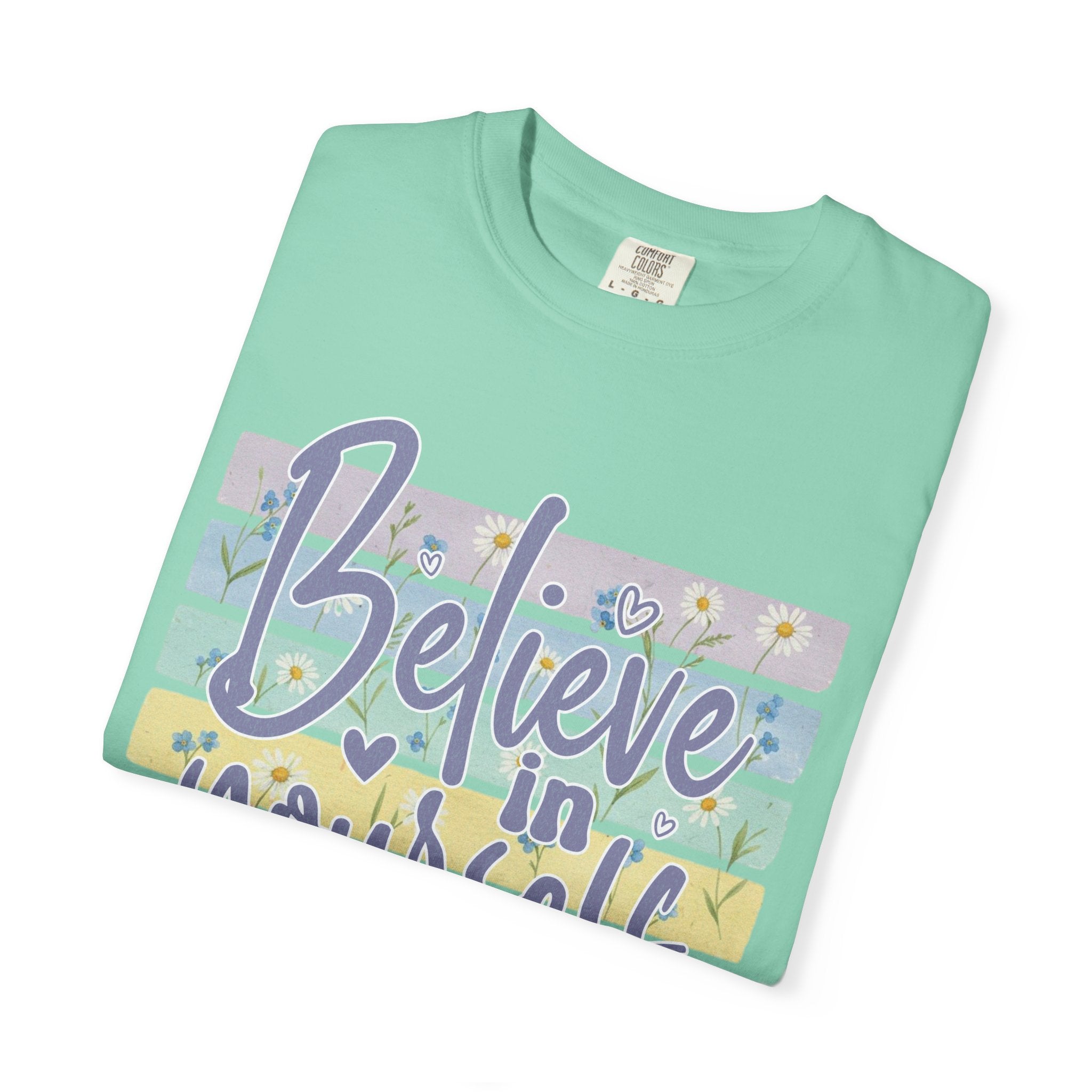 Textured Believe in Yourself T‑Shirt — Pastel Stripes Inspirational Tee