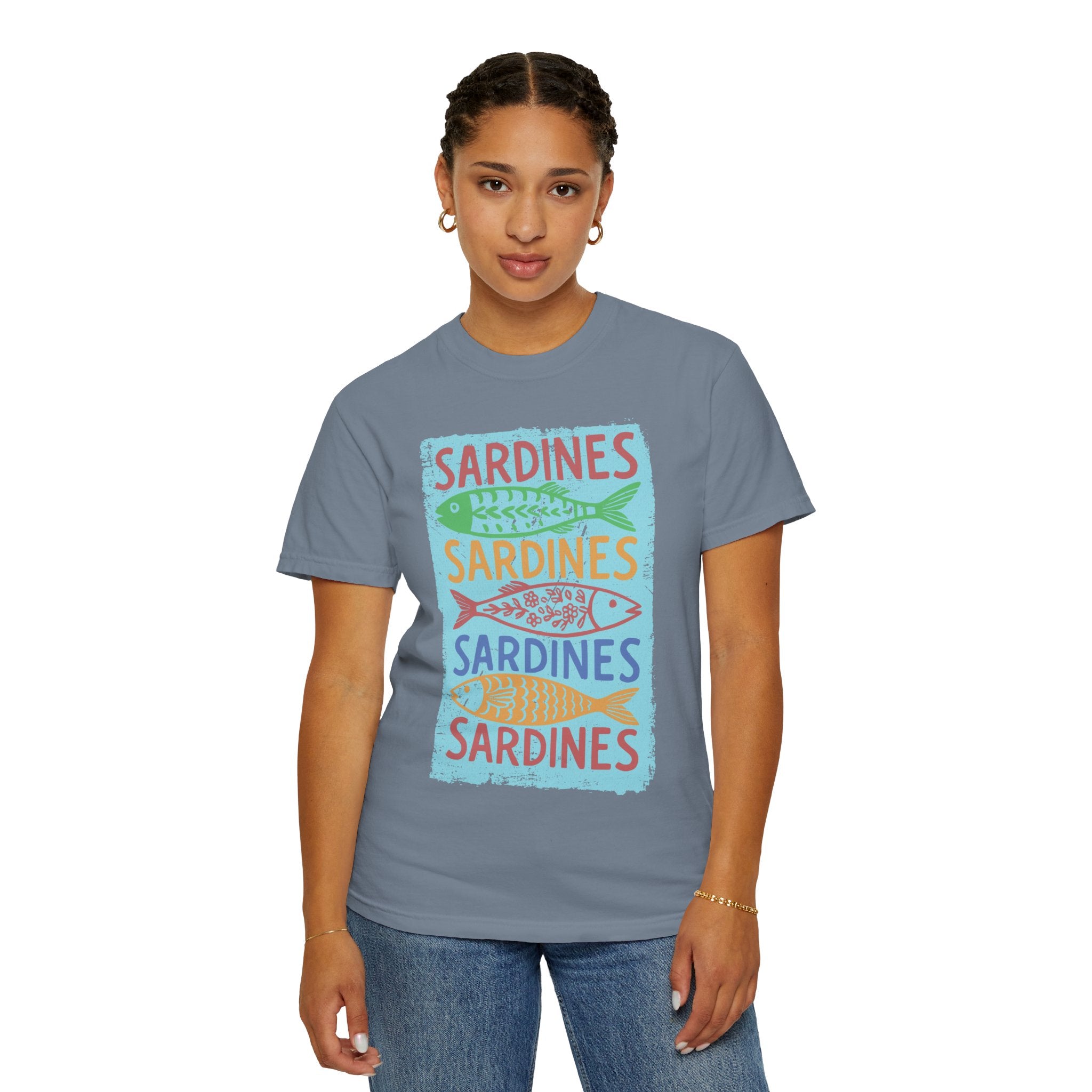 Sardines Colorblock Graphic Textured T-Shirt — Retro Coastal Fish Tee