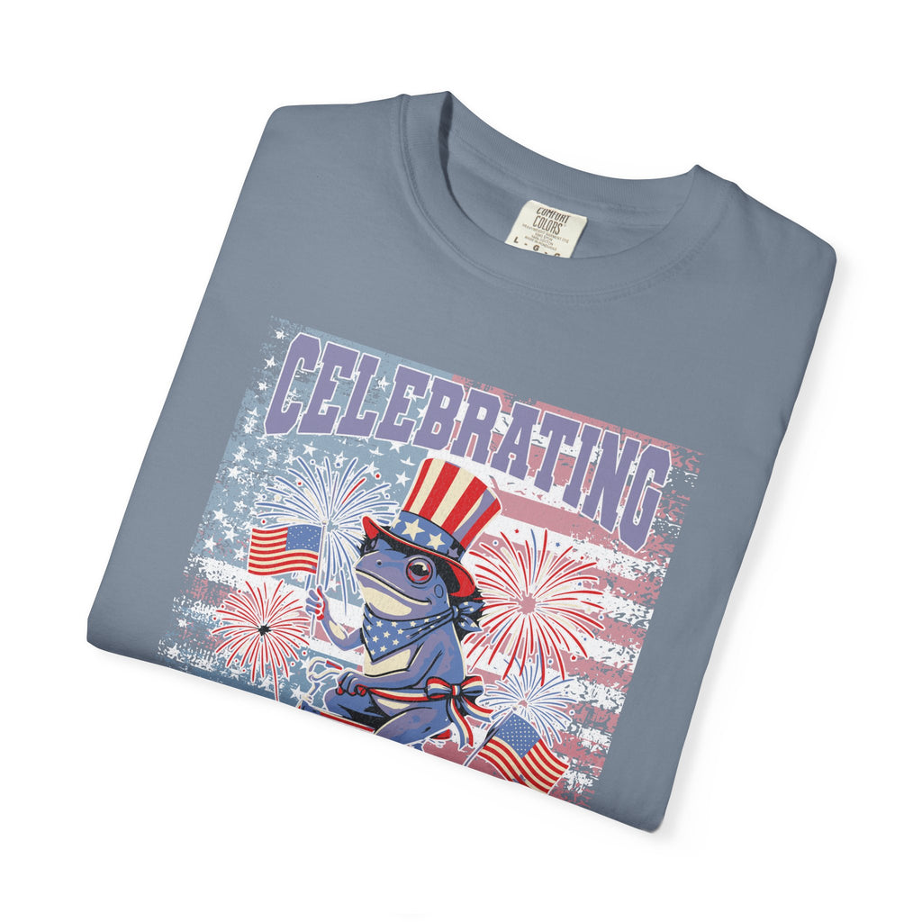 Textured Independence Day Patriotic T-Shirt — "Celebrating 250 Years of Independence" Bicycle Uncle Sam Design