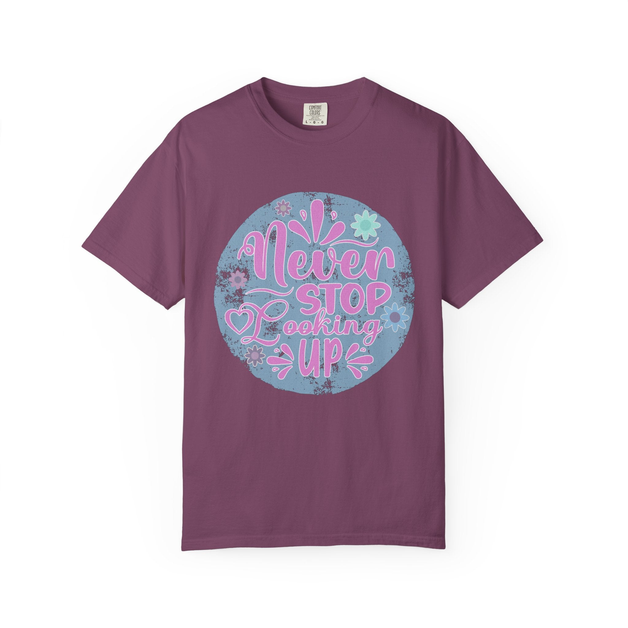 Textured T-Shirt — "Never Stop Looking Up" Inspirational Graphic Tee