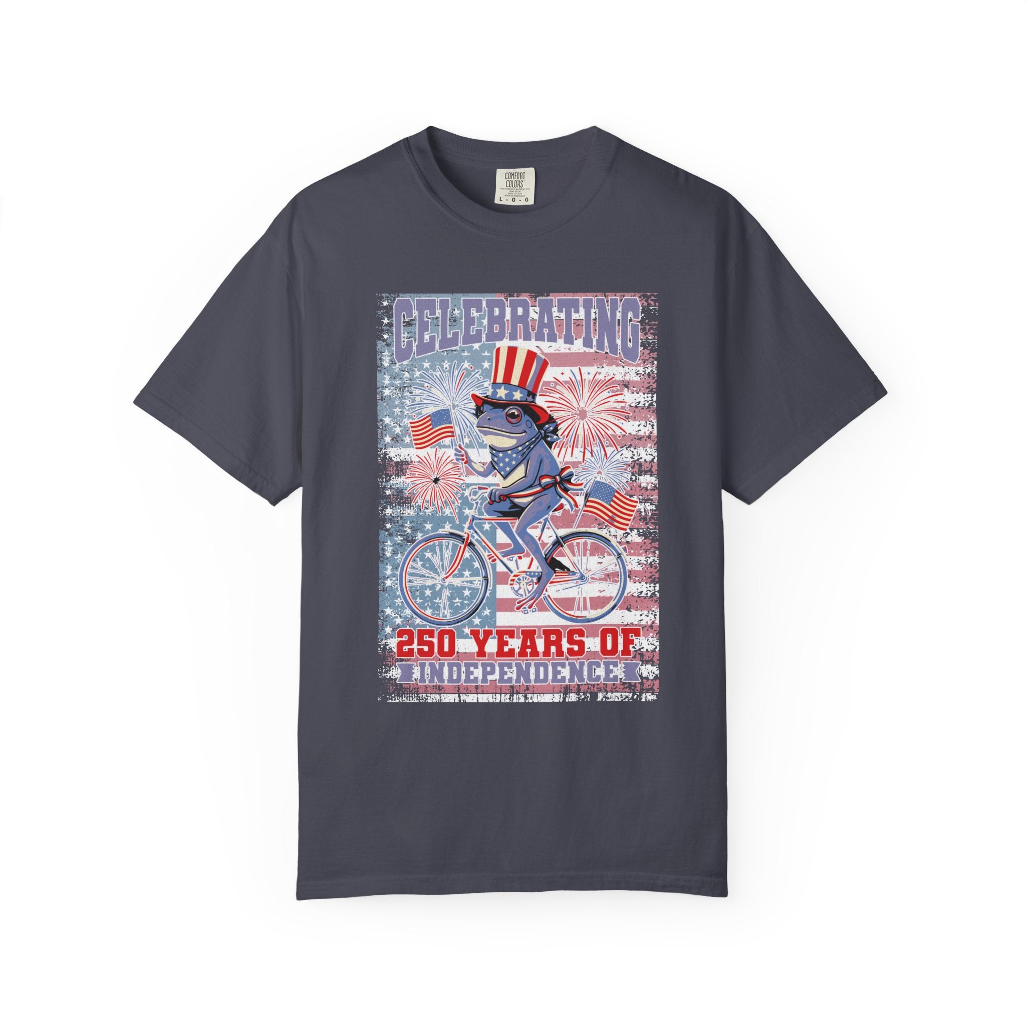Textured Independence Day Patriotic T-Shirt — "Celebrating 250 Years of Independence" Bicycle Uncle Sam Design