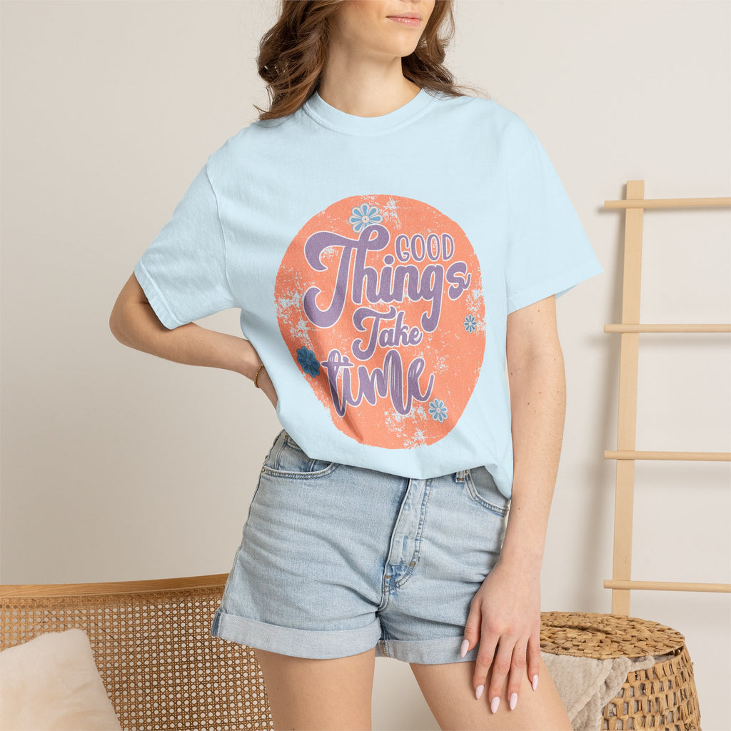Good Things Take Time T-shirt | Textured Retro Script Circle Design