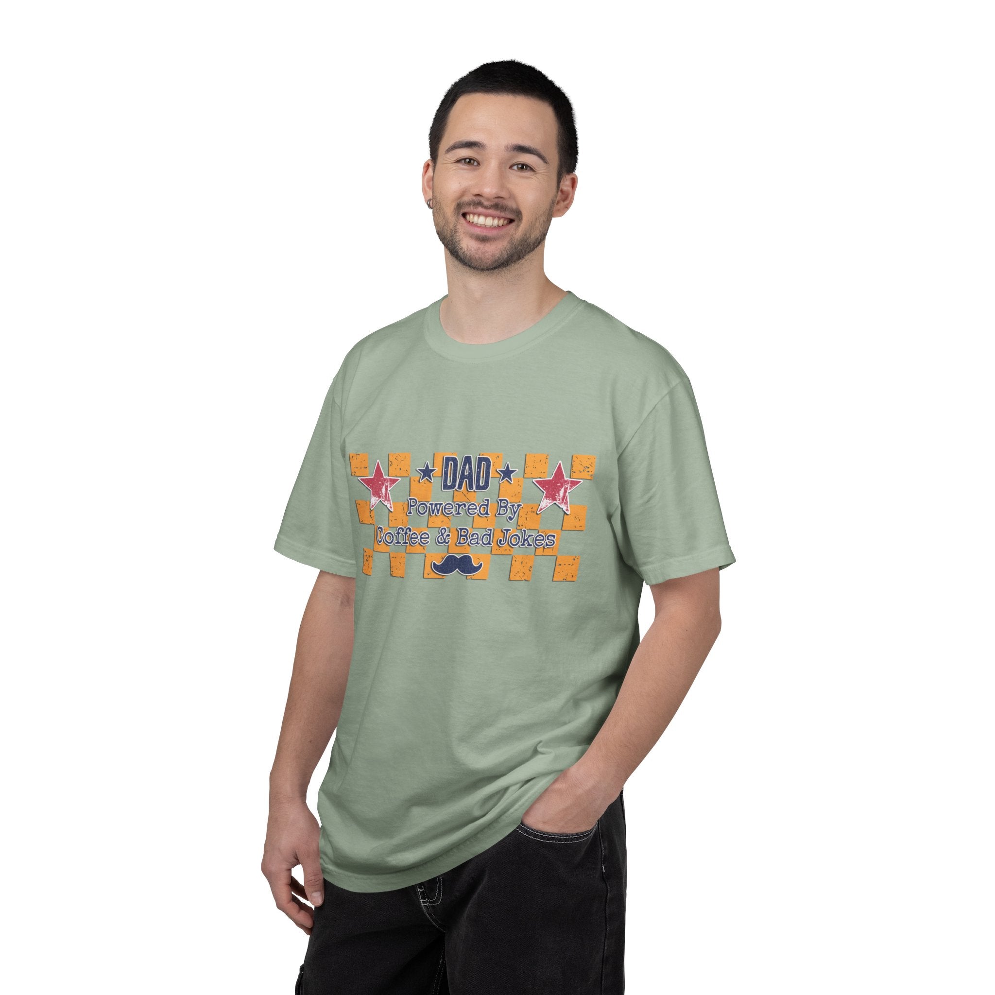 Dad Textured T-Shirt — "Powered by Coffee & Bad Jokes" Retro Checker Fathers Day Tee