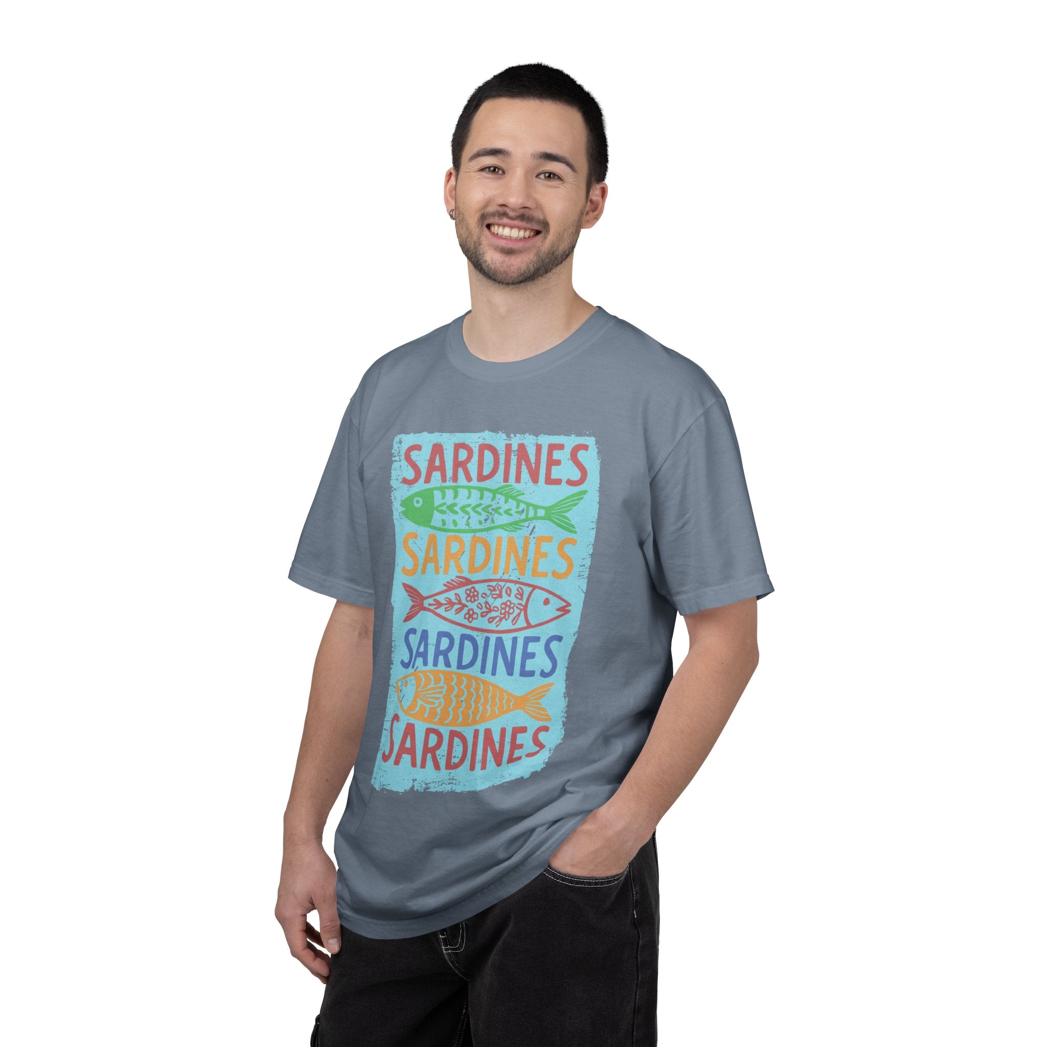 Sardines Colorblock Graphic Textured T-Shirt — Retro Coastal Fish Tee