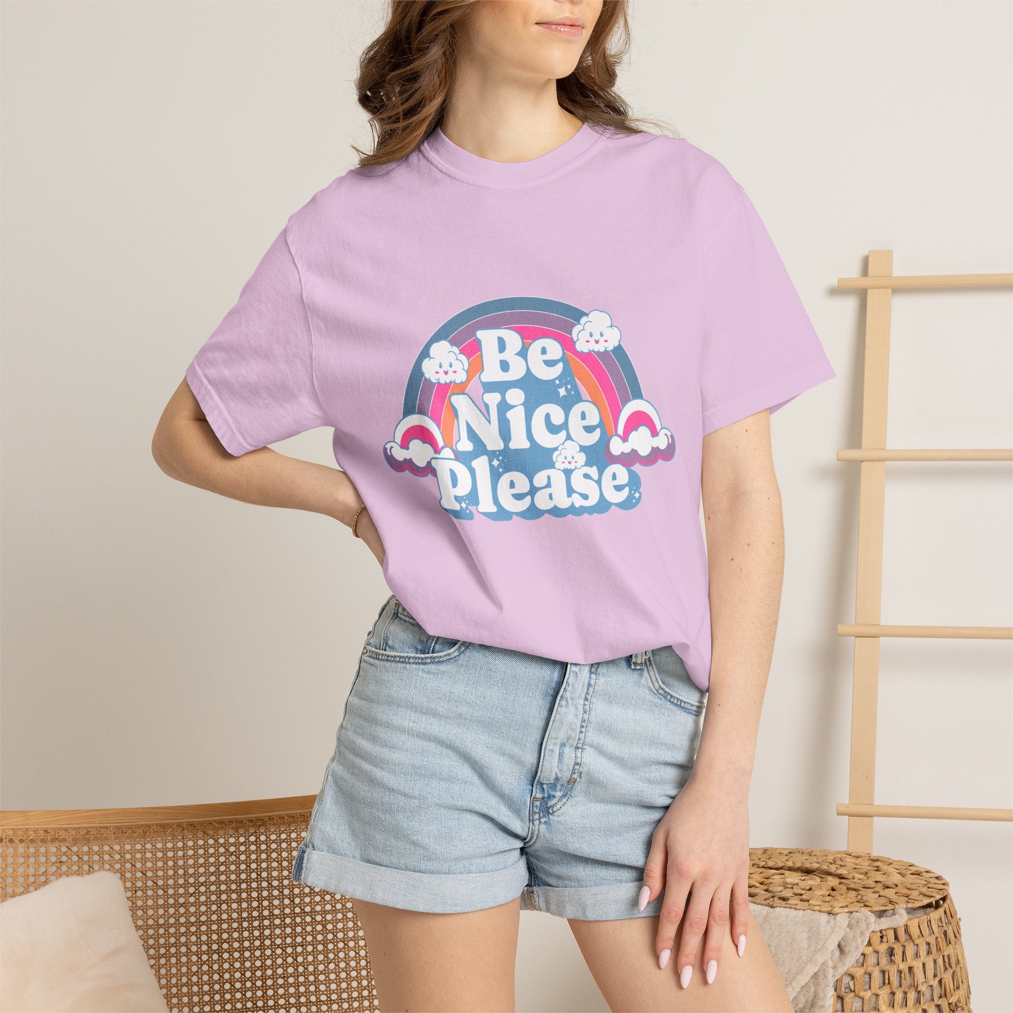 Be Nice Please Textured T-Shirt — Retro Rainbow Positive Message Tee