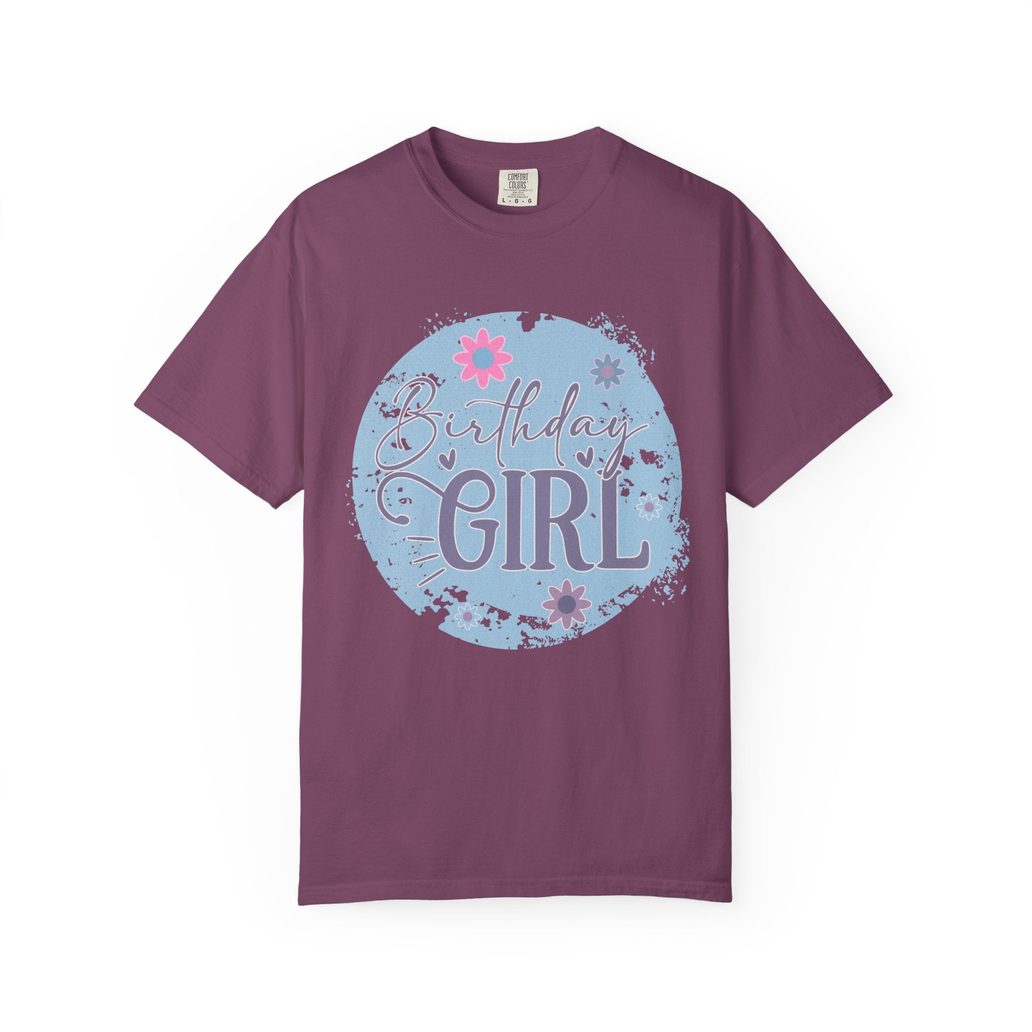 Birthday Girl Textured T-Shirt — Floral Blue Circle Graphic